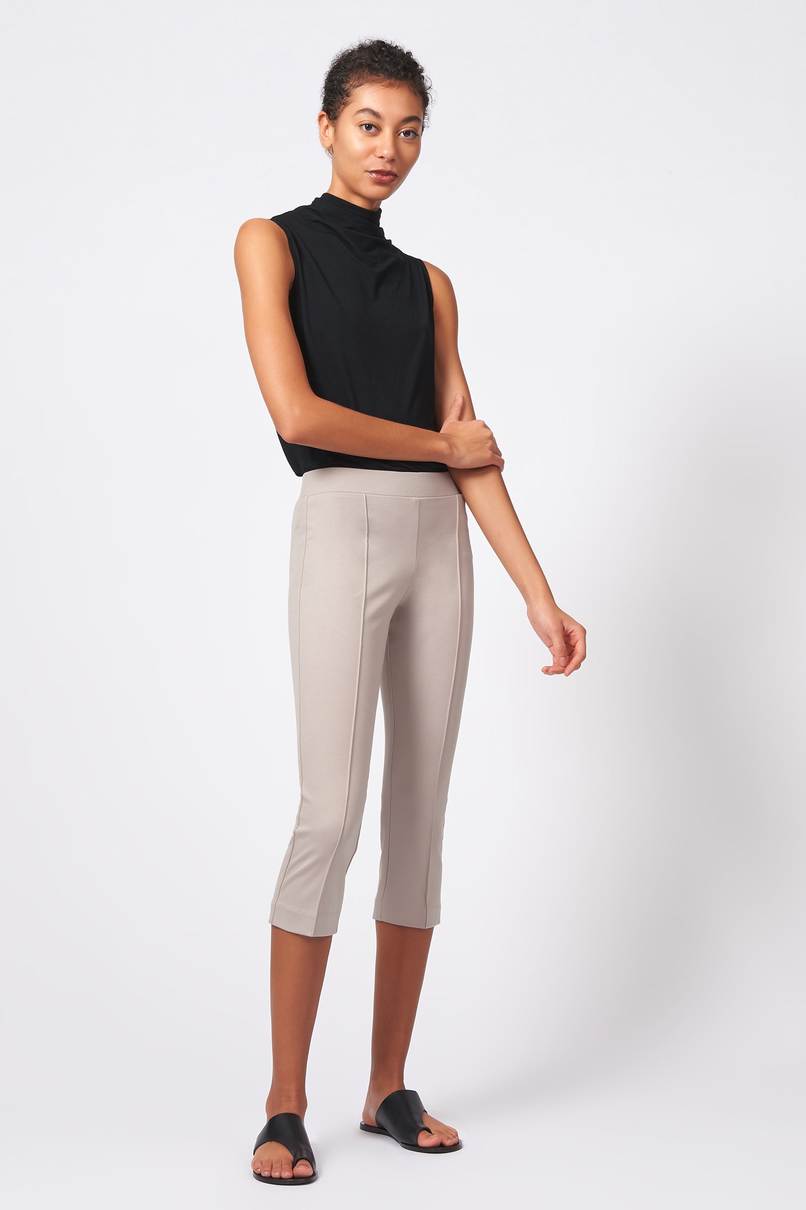 Kal Rieman Pintuck Ponte 3/4 Pant in Taupe on Model Full Side View