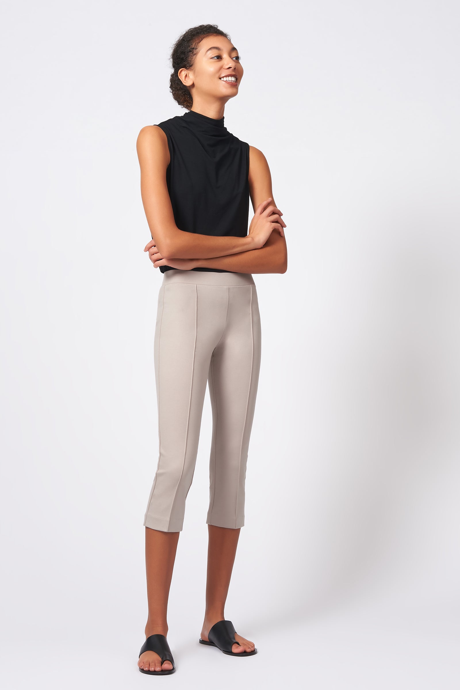 Kal Rieman Pintuck Ponte 3/4 Pant in Taupe on Model Full Side View