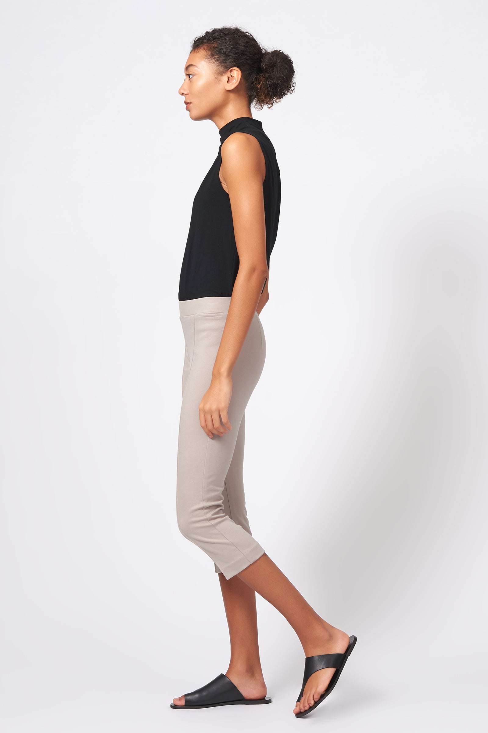 Kal Rieman Pintuck Ponte 3/4 Pant in Taupe on Model Full Side View
