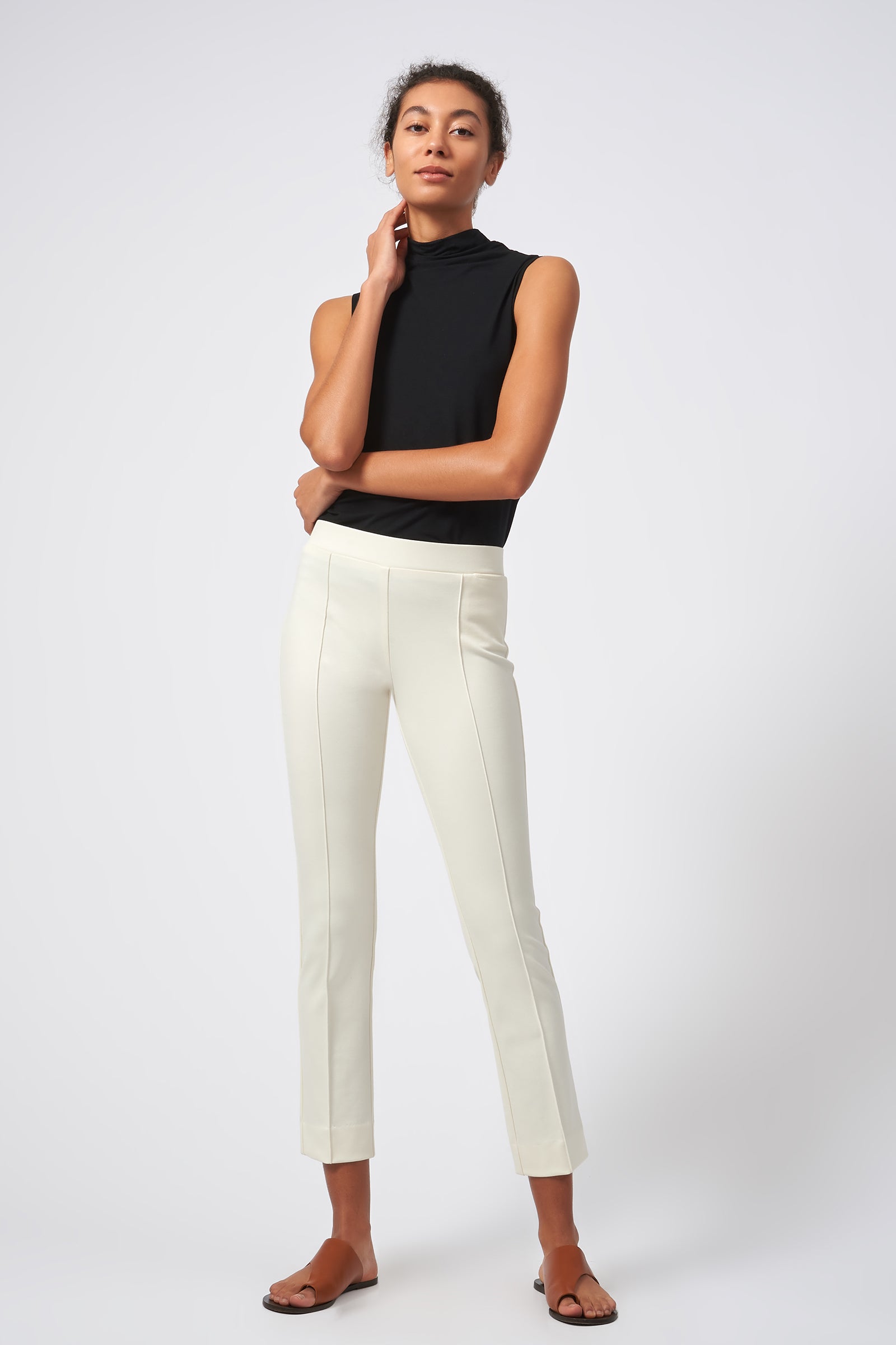Kal Rieman Pintuck Ponte Ankle Pant in Ivory on Model Full Front View