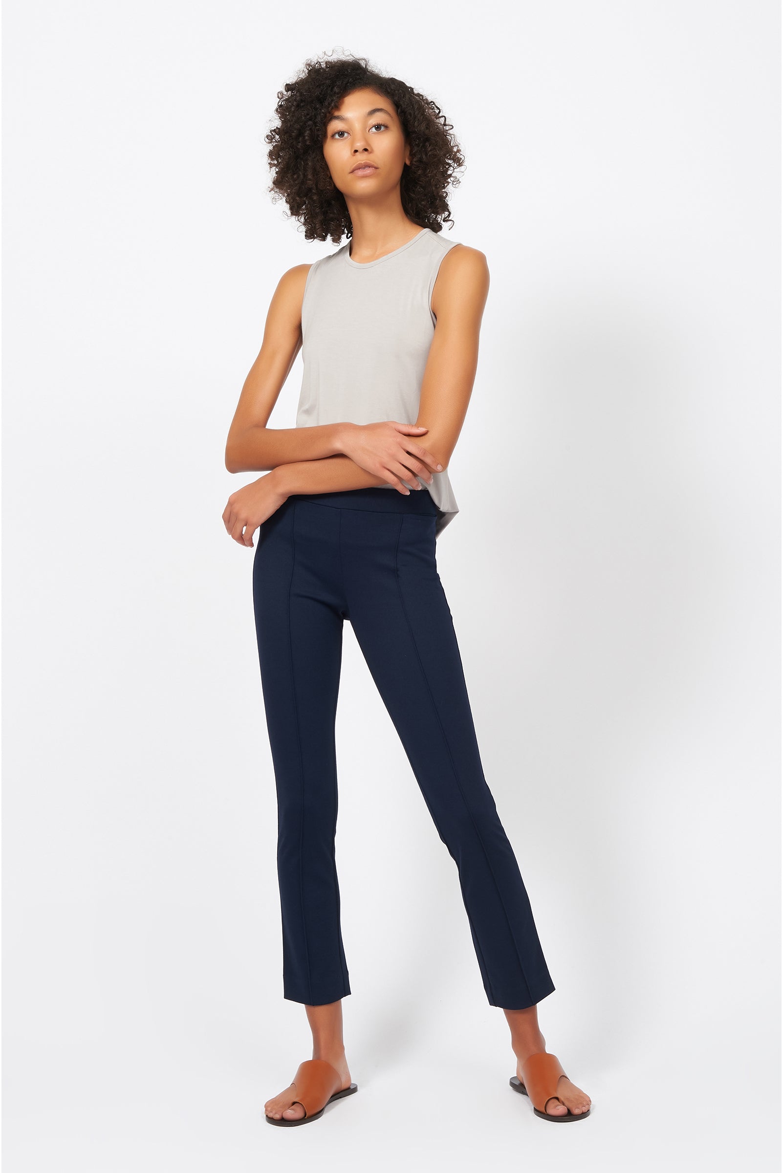 Kal Rieman Pintuck Ponte Ankle Pant in Navy on Model Full Front Alternate View