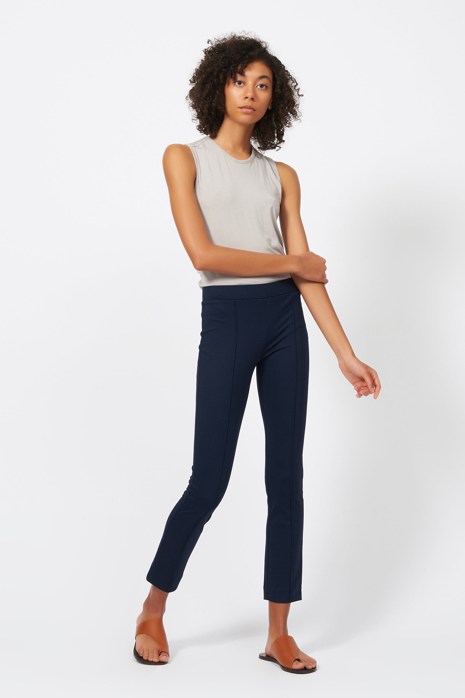 Kal Rieman Pintuck Ponte Ankle Pant in Navy on Model Full Front Alternate 2 View