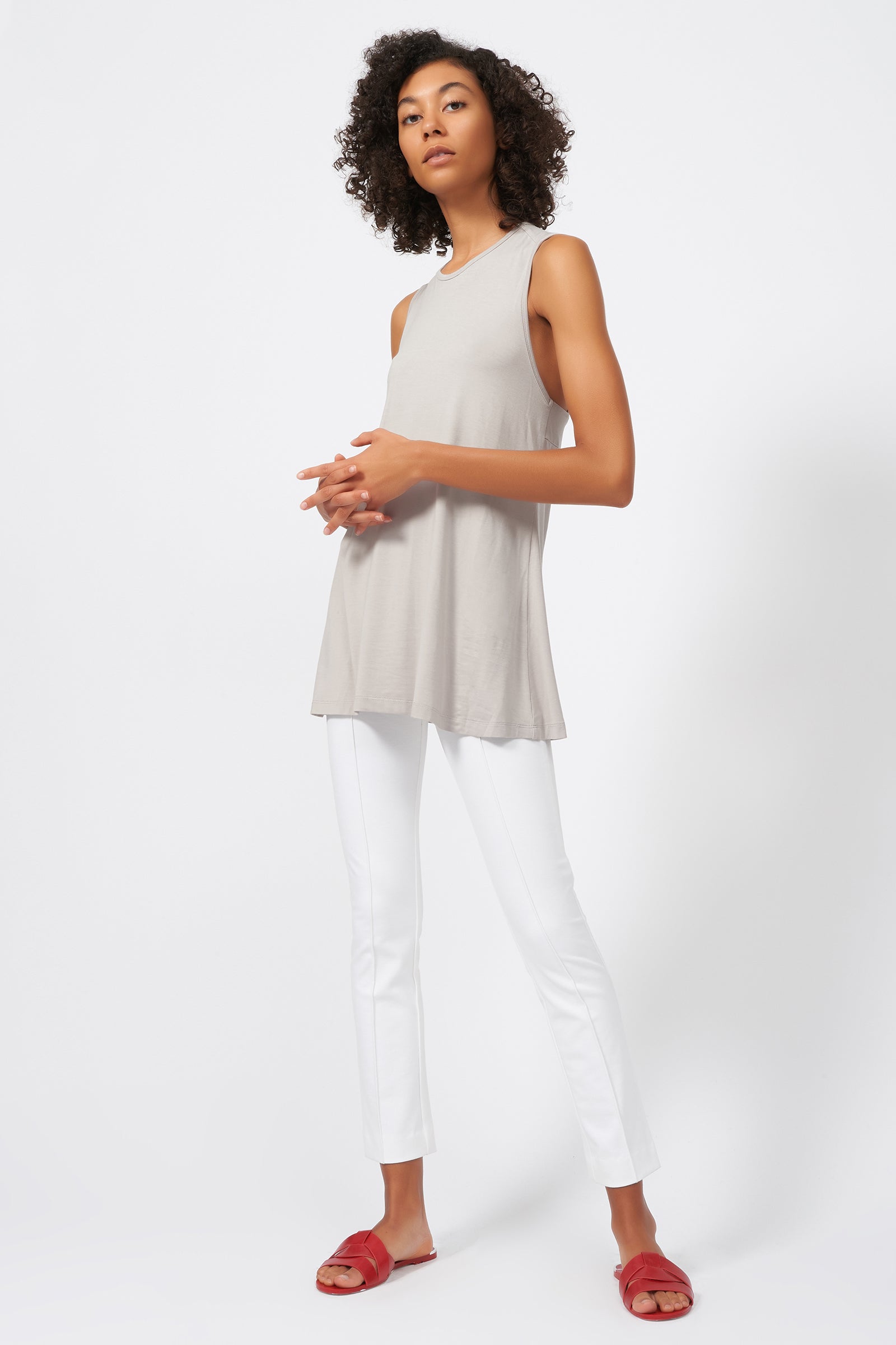 Kal Rieman Pintuck Ponte Ankle Pant in White on Model Full Front Left Side View