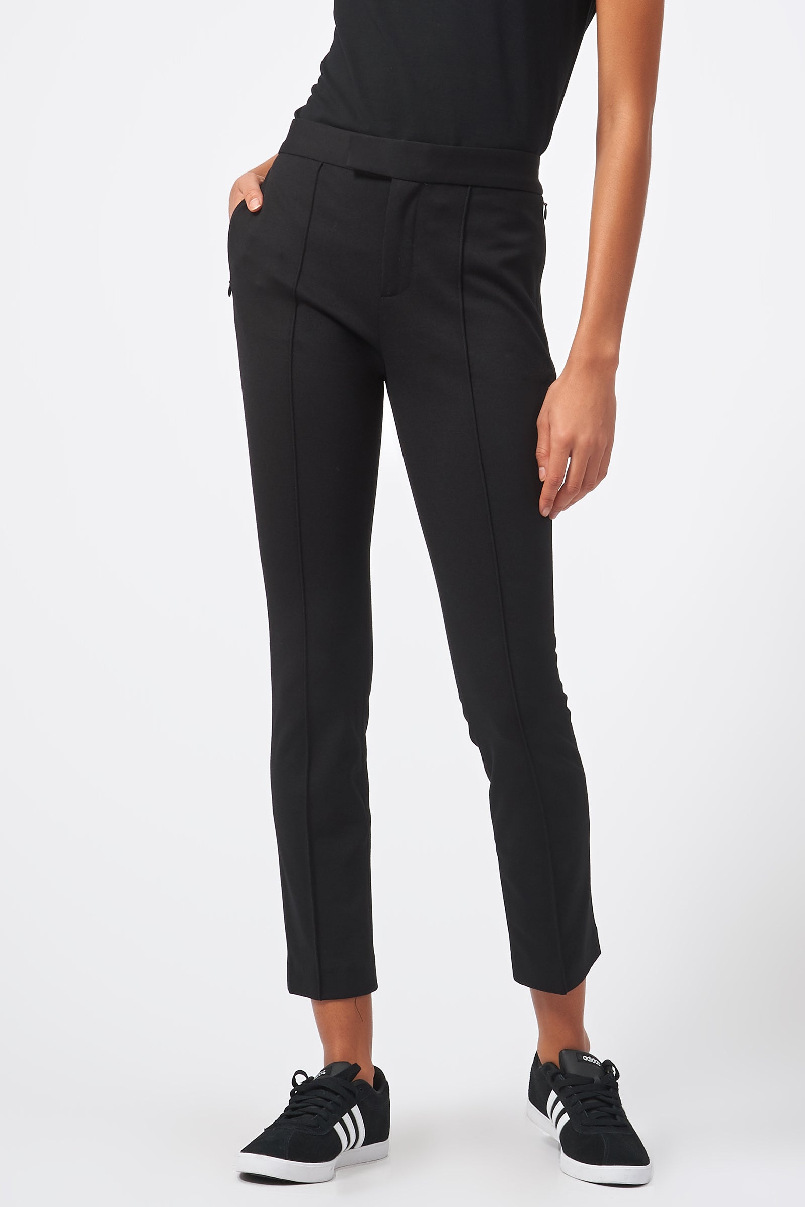 Kal Rieman Pintuck Ponte Cigarette Pant in Black on Model Front Pant Detail View