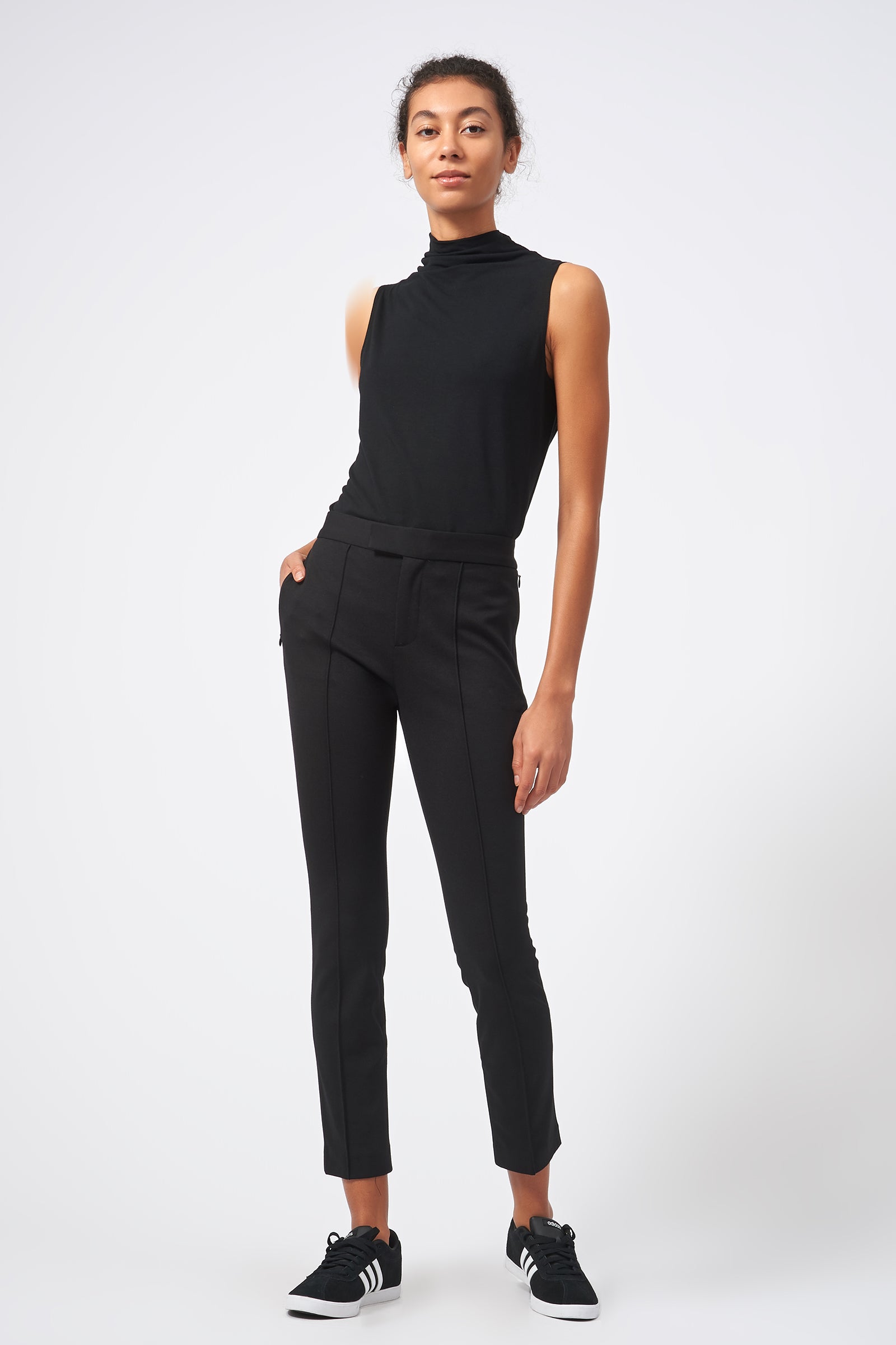 Kal Rieman Pintuck Ponte Cigarette Pant in Black on Model Full Front View