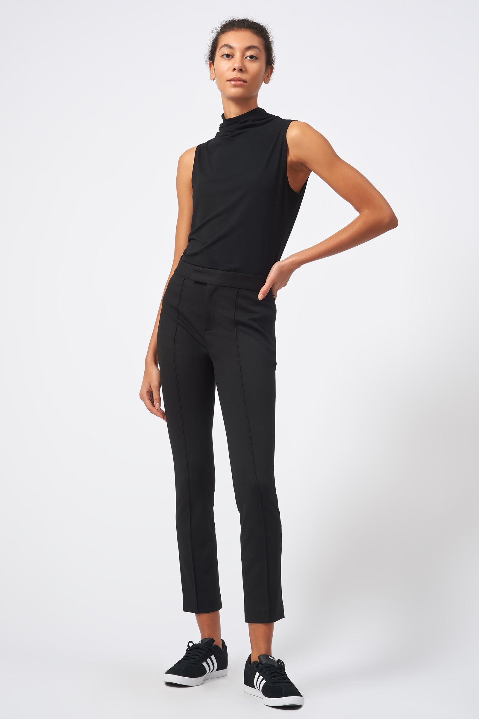Kal Rieman Pintuck Ponte Cigarette Pant in Black on Model Full Front View