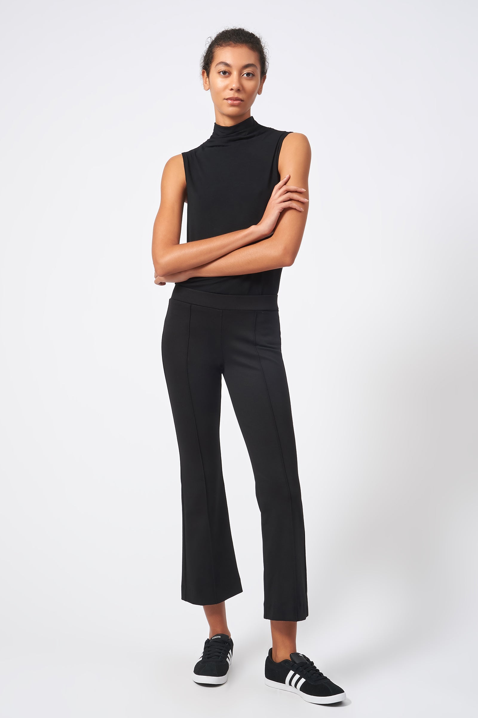 Kal Rieman Pintuck Ponte Crop Flare Pant in Black on Model Full Front View
