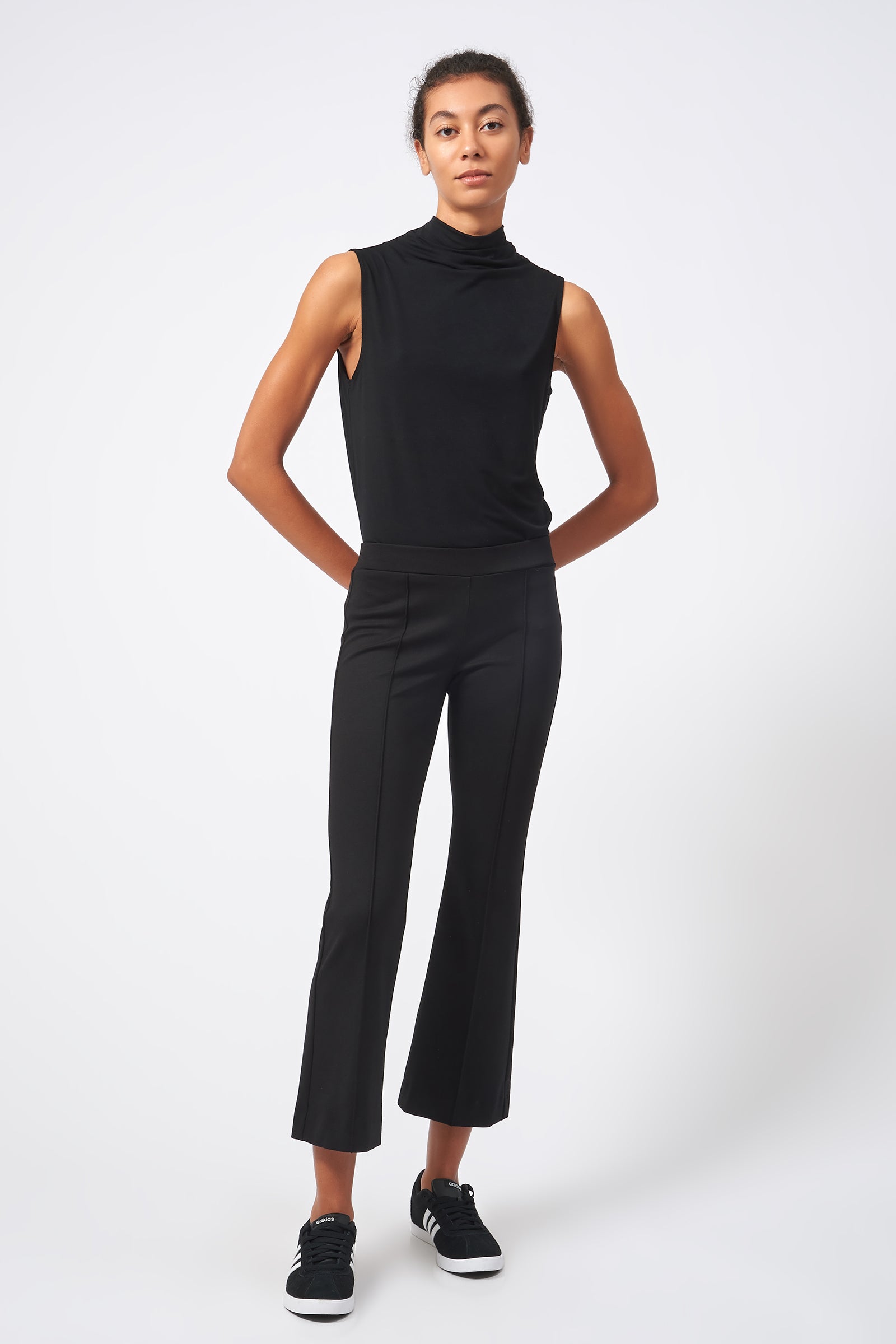 Kal Rieman Pintuck Ponte Crop Flare Pant in Black on Model Full Front View