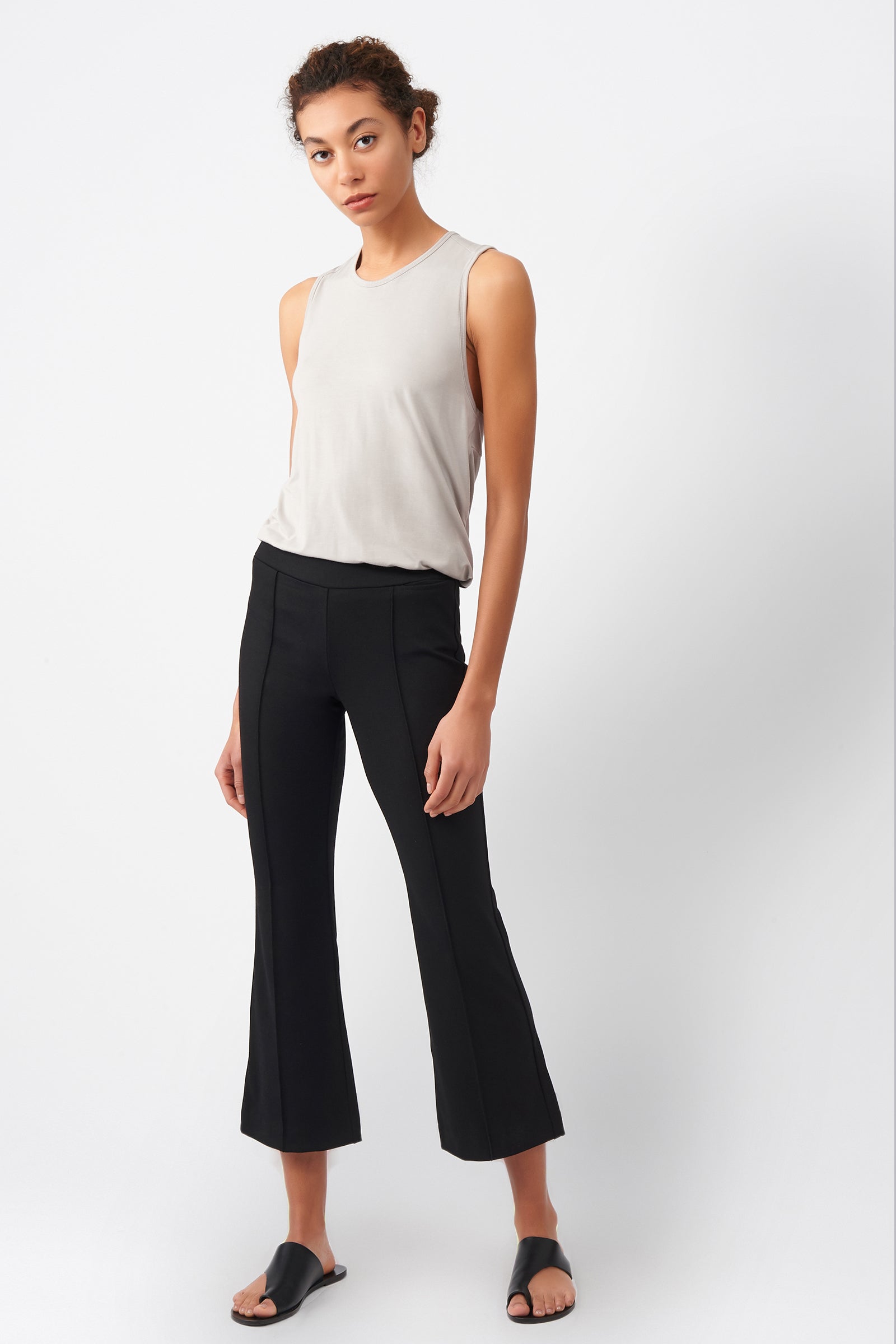 Kal Rieman Pintuck Ponte Crop Flare Pant in Black on Model Full Front View