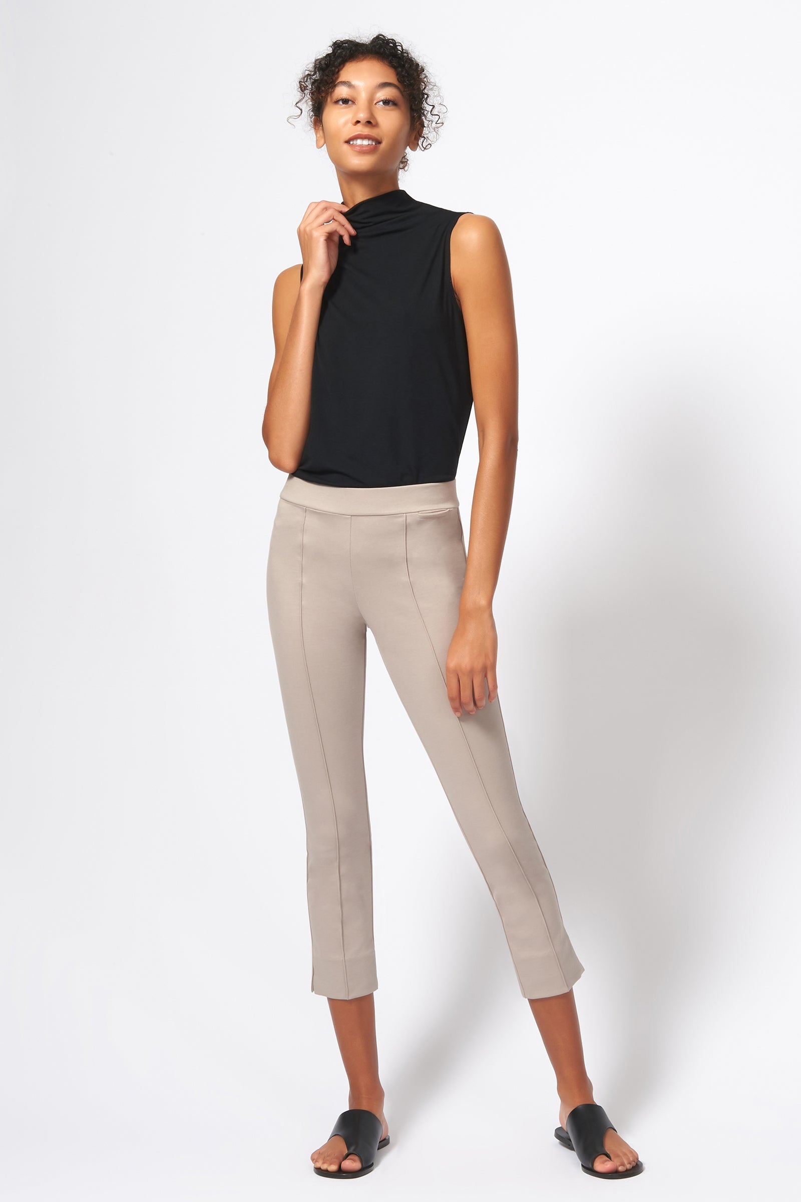 Kal Rieman Pintuck Slit Capri in Taupe on Model Front Full View