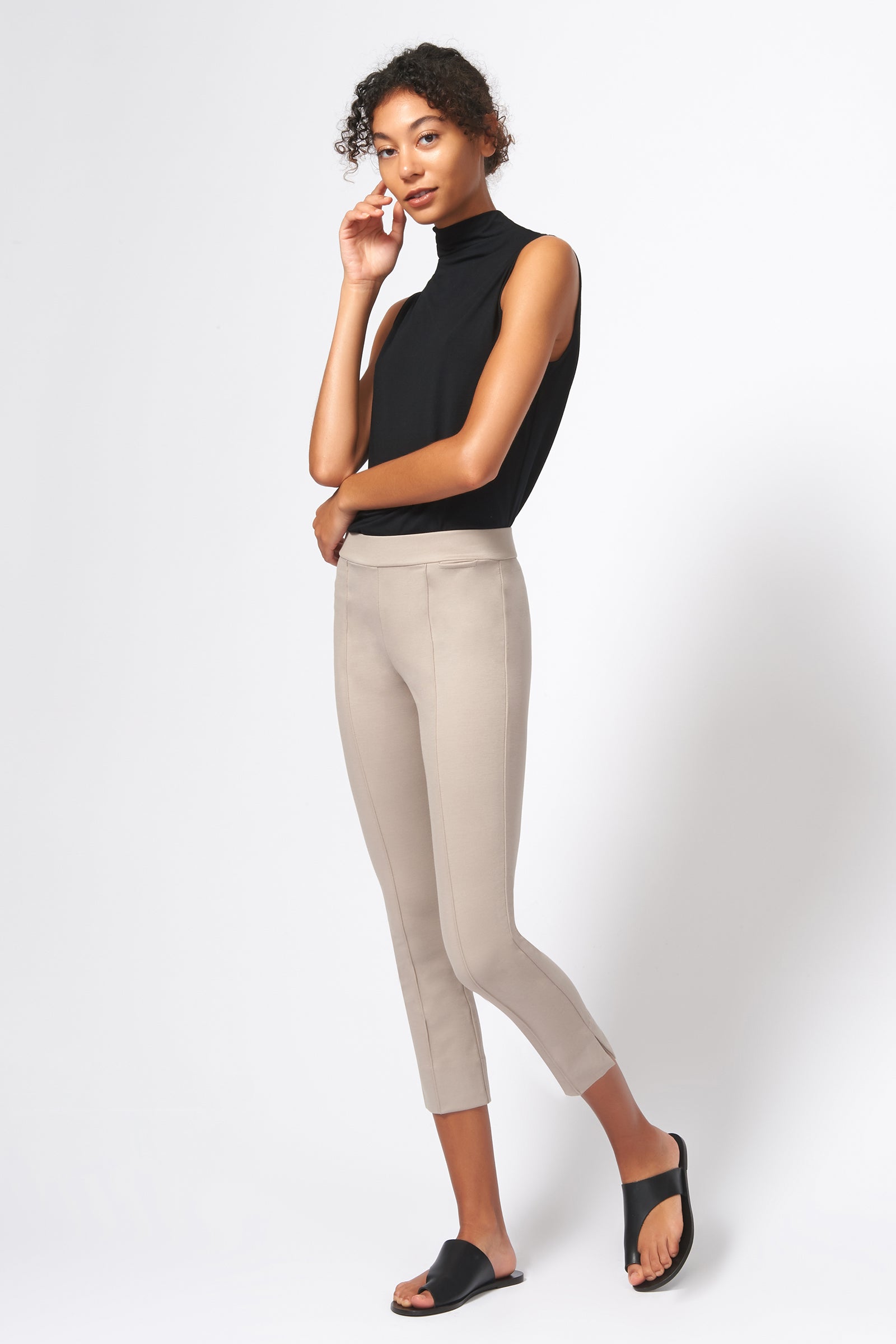 Kal Rieman Pintuck Slit Capri in Taupe on Model Front Side Full View