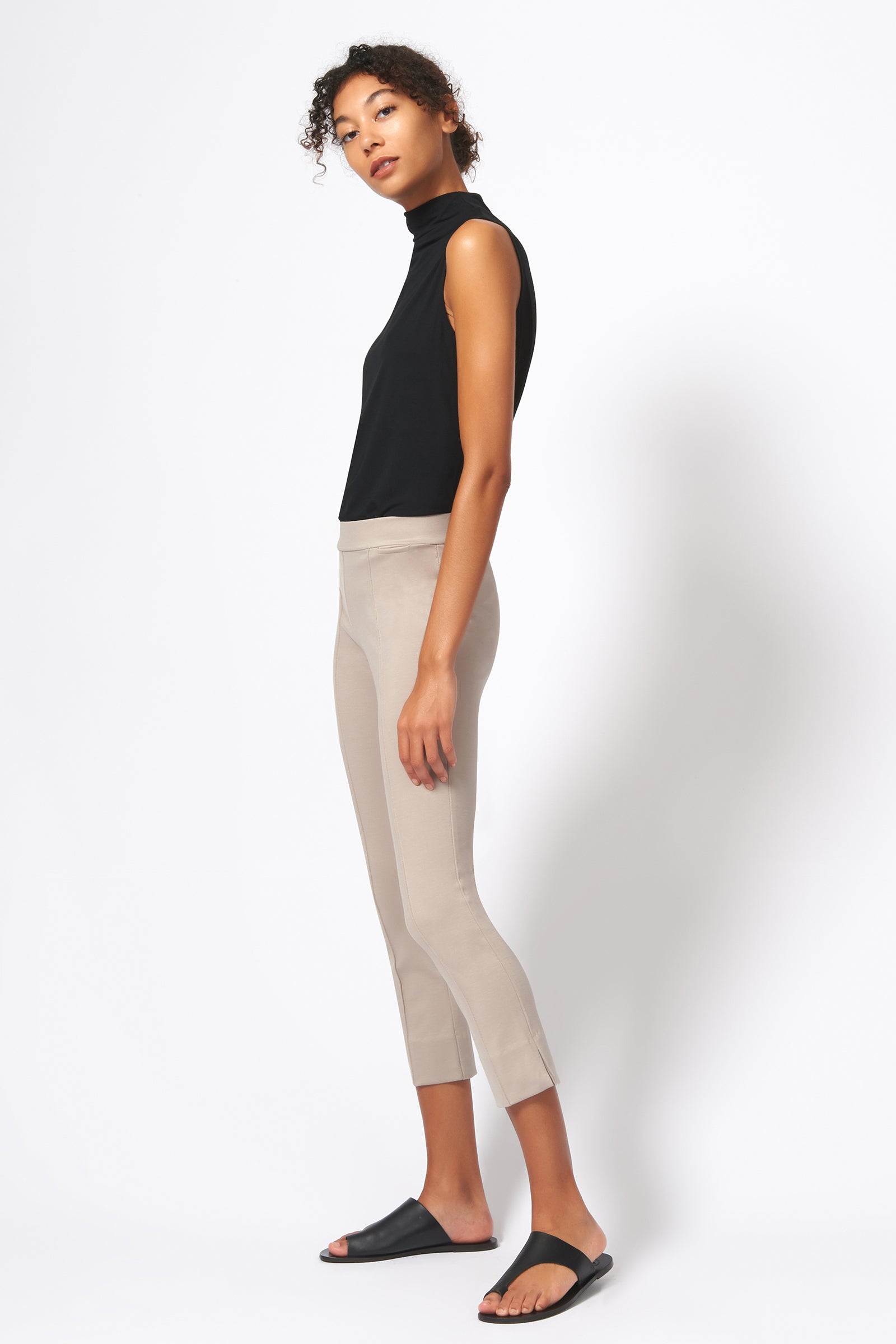 Kal Rieman Pintuck Slit Capri in Taupe on Model Side View