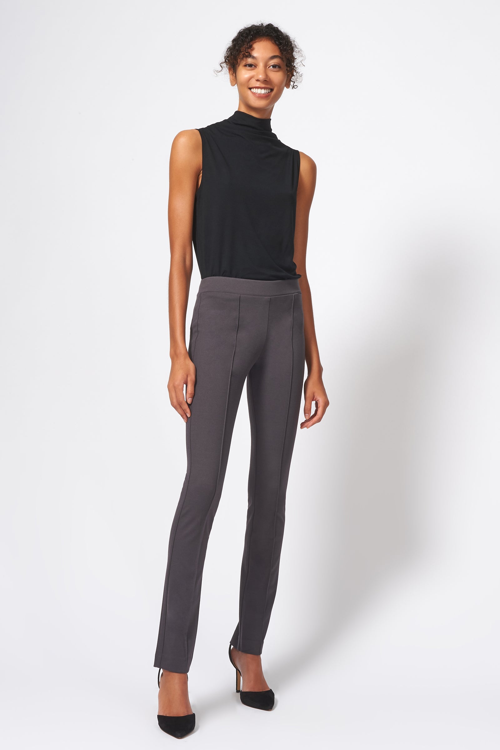 Kal Rieman Pintuck Ponte Straight Leg Pant in Charcoal on Model Full Front View