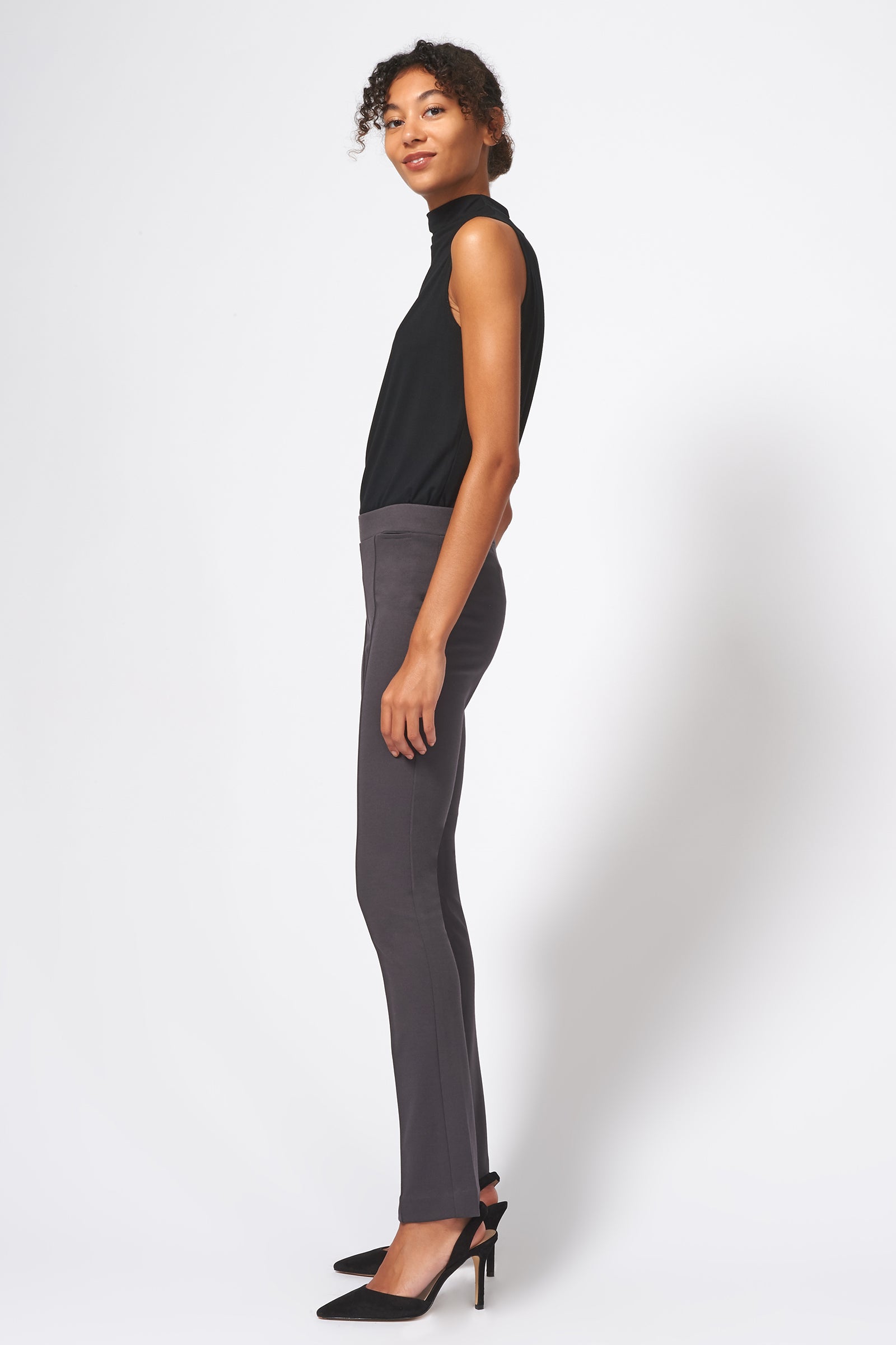 Kal Rieman Pintuck Ponte Straight Leg Pant in Charcoal on Model Full Side View