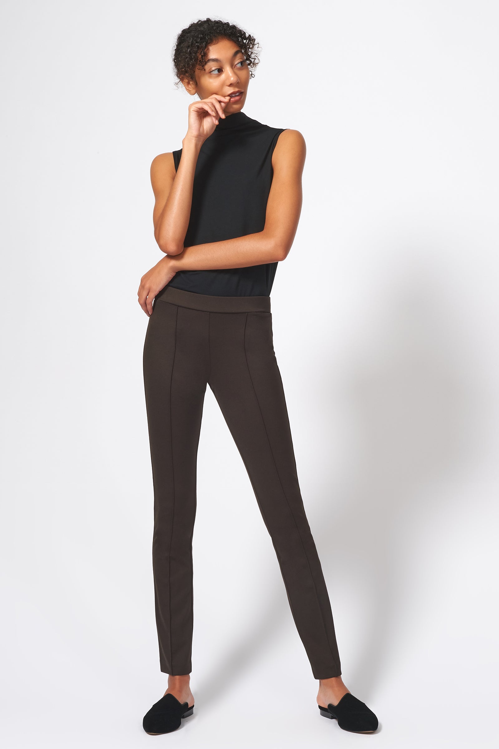 Kal Rieman Pintuck Ponte Straight Leg Pant in Espresso on Model Full Front View