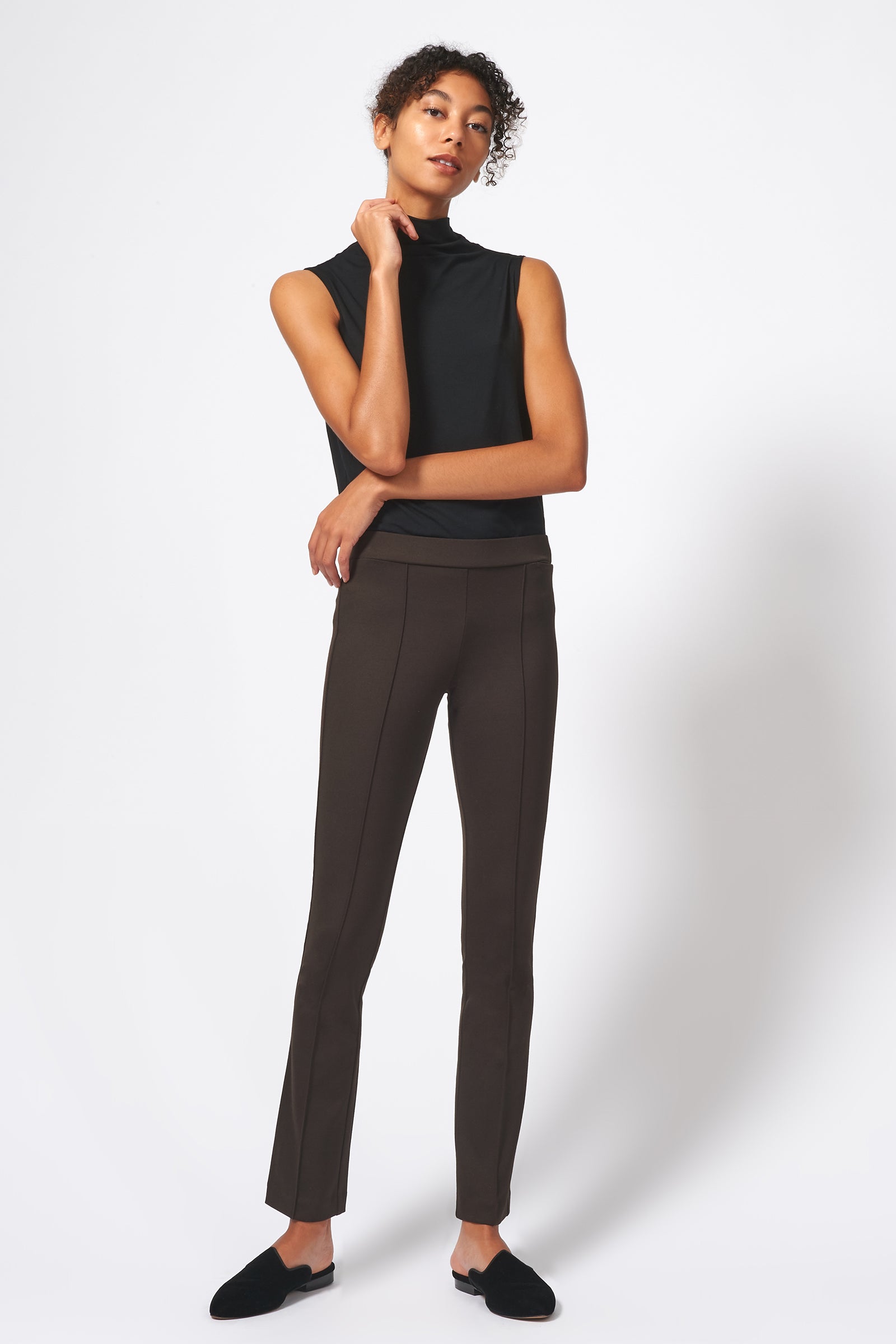 Kal Rieman Pintuck Ponte Straight Leg Pant in Espresso on Model Full Front View