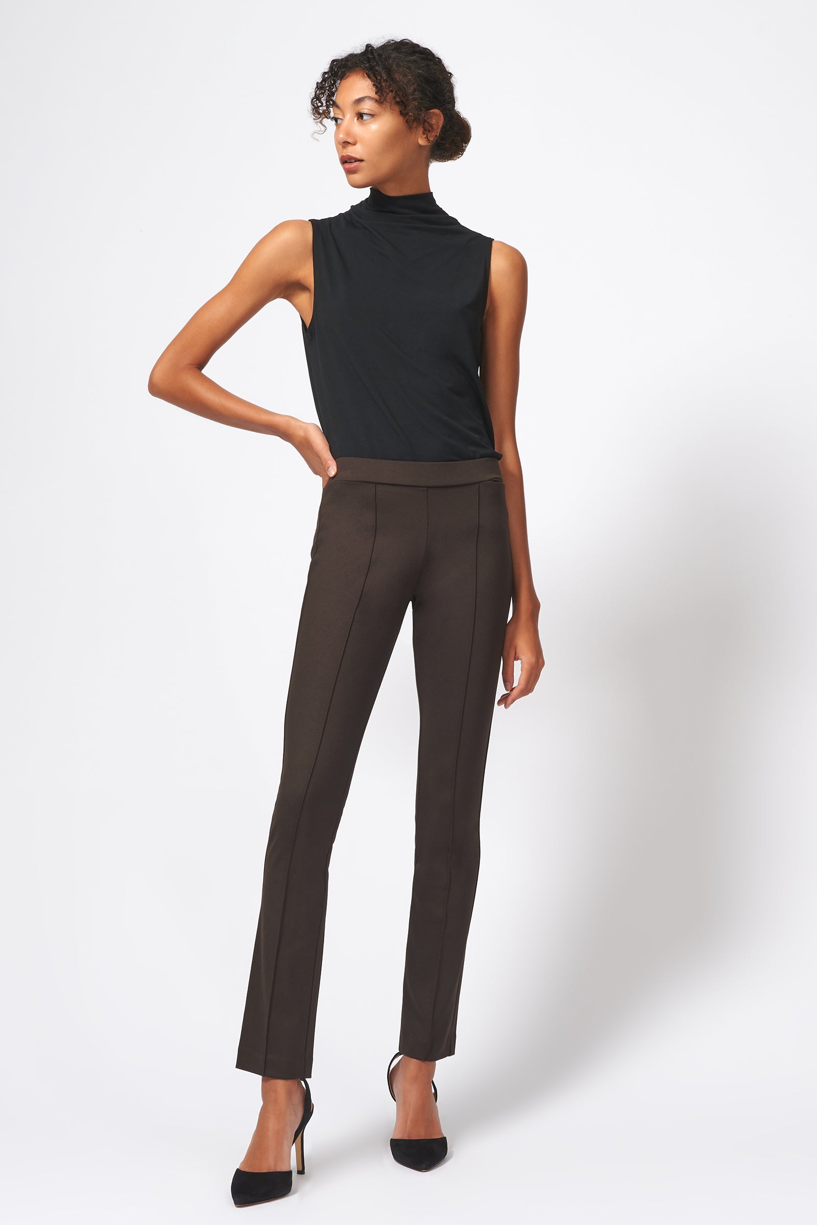 Kal Rieman Pintuck Ponte Straight Leg Pant in Espresso on Model Full Front View