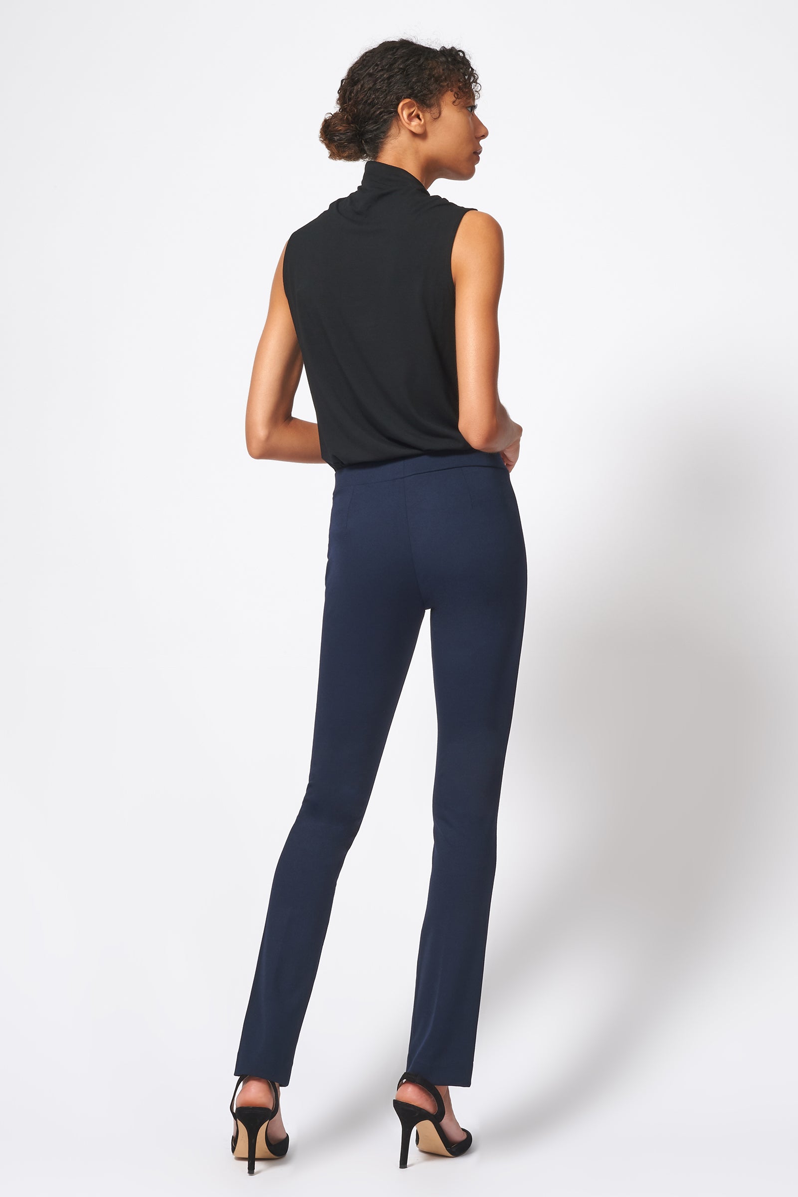 Kal Rieman Pintuck Ponte Straight Leg Pant in Navy on Model Full Front View