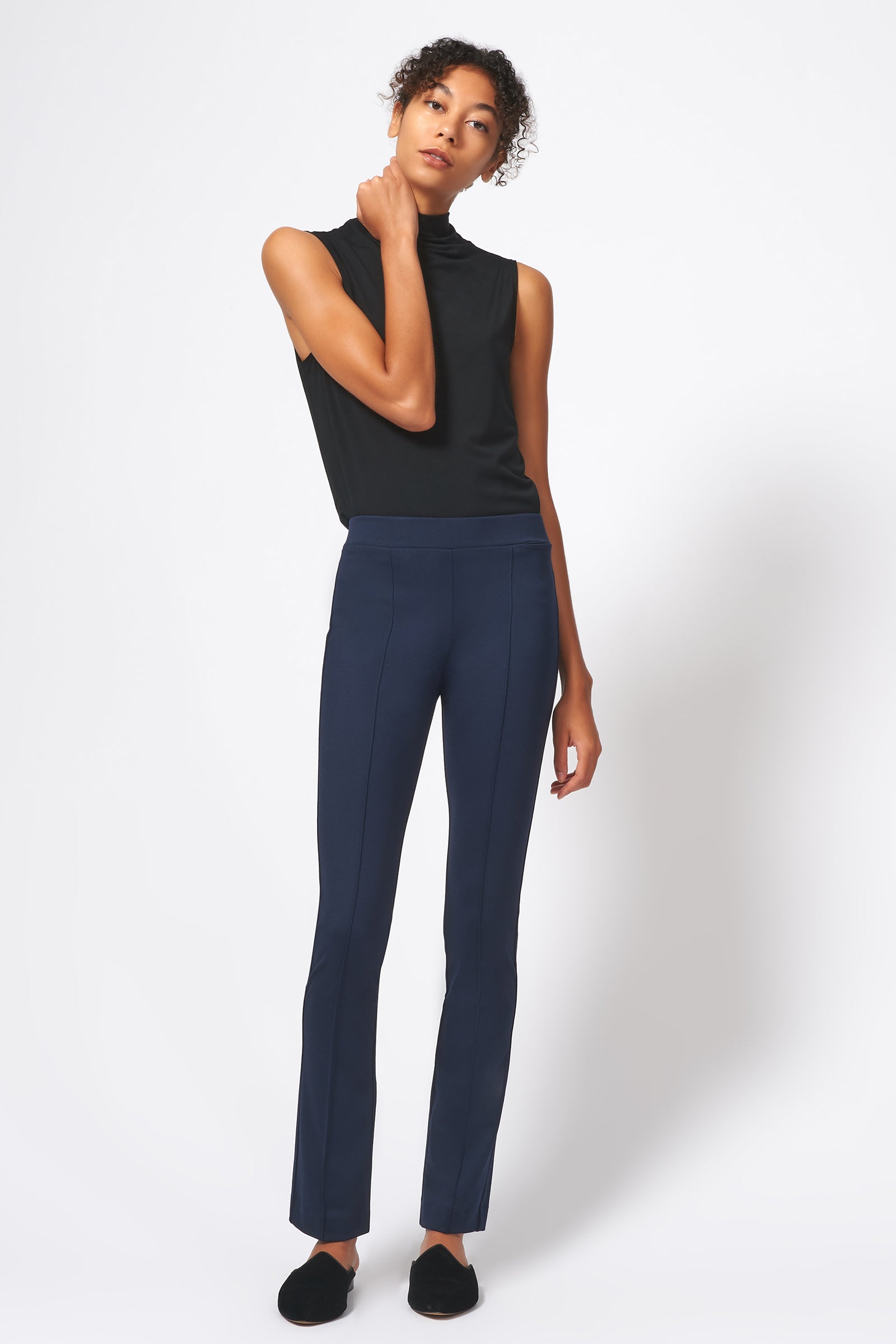 Kal Rieman Pintuck Ponte Straight Leg Pant in Navy on Model Full Front View