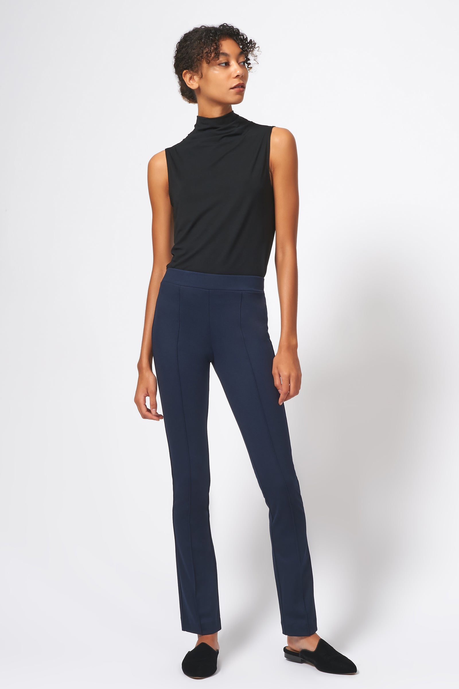 Kal Rieman Pintuck Ponte Straight Leg Pant in Navy on Model Full Front View