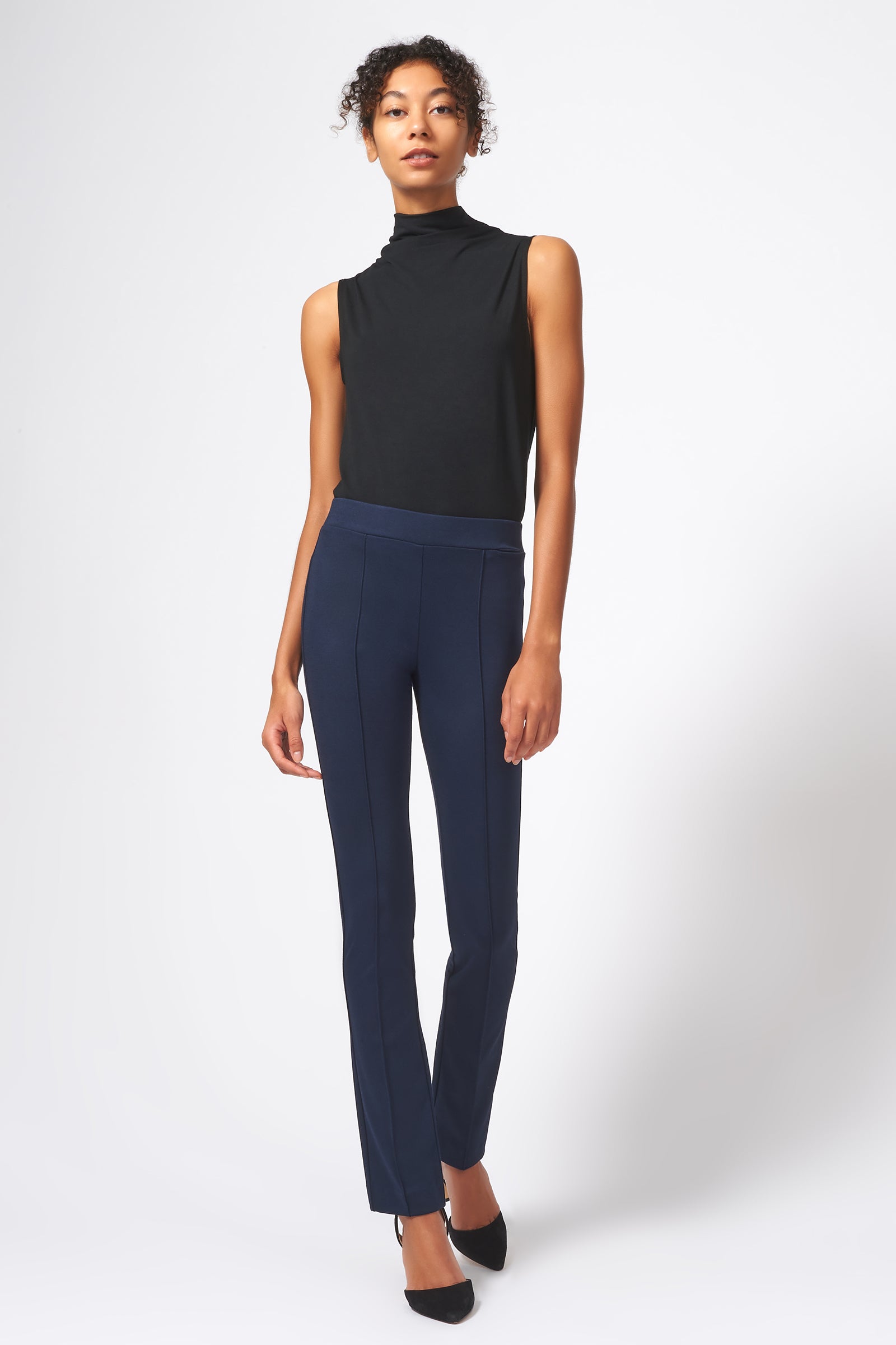 Kal Rieman Pintuck Ponte Straight Leg Pant in Navy on Model Full Front View