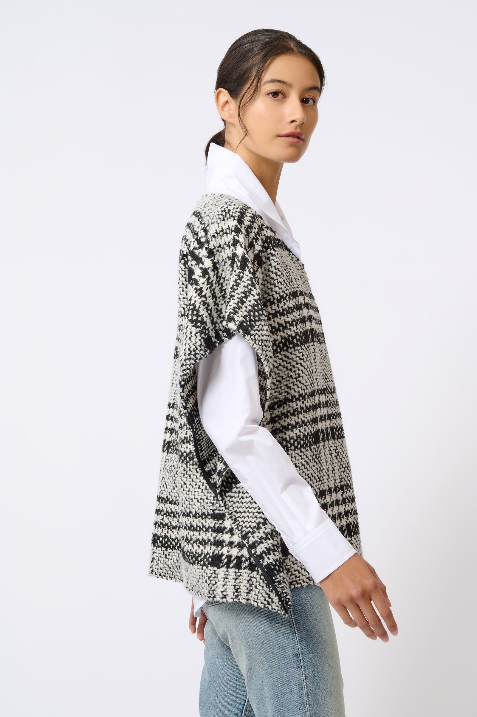 Kal Rieman Plaid Poncho in Black and White Plaid on Model Side View