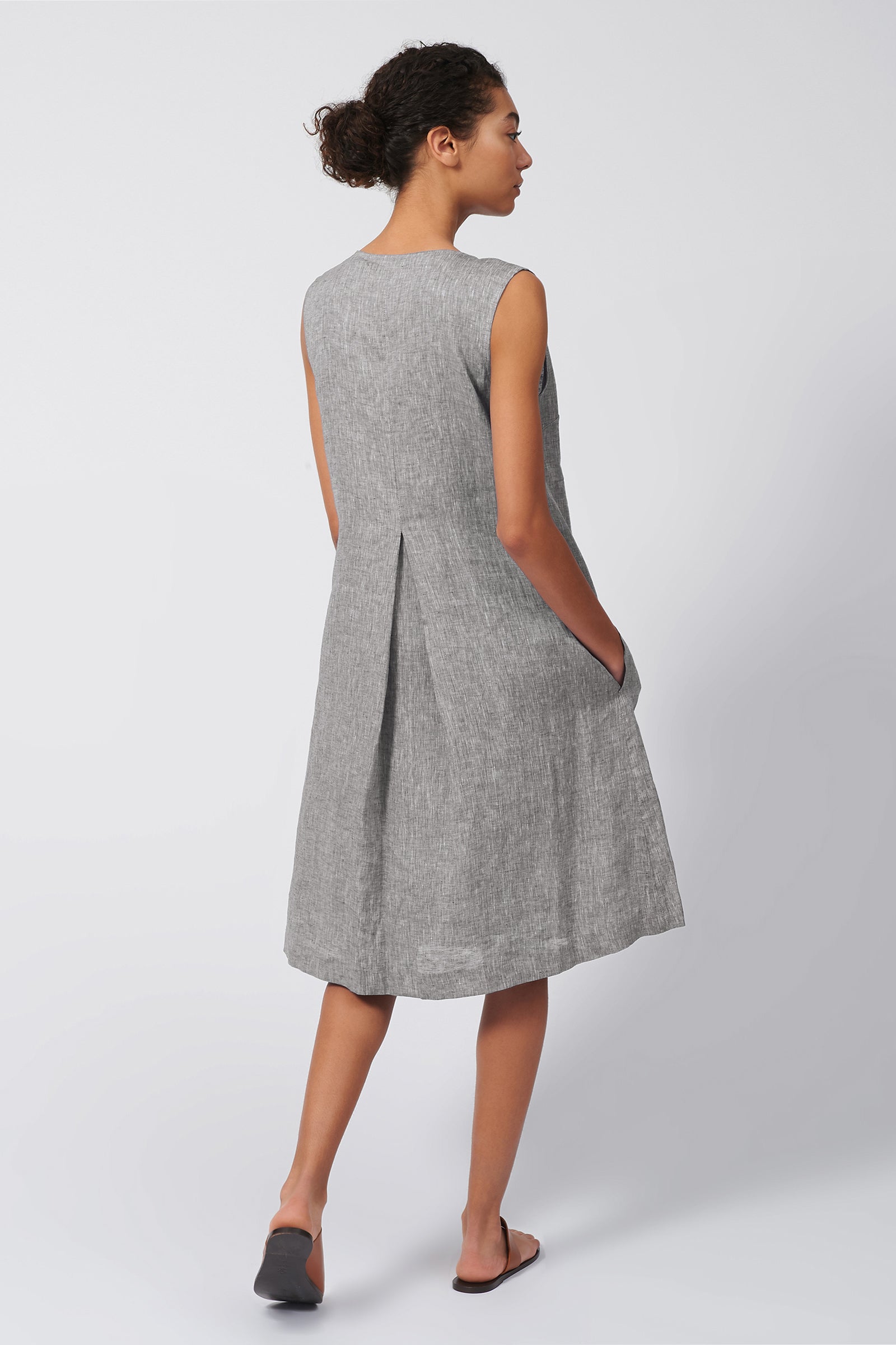 Kal Rieman Pleat Front Zip Dress in Brown Linen on Model  Back View
