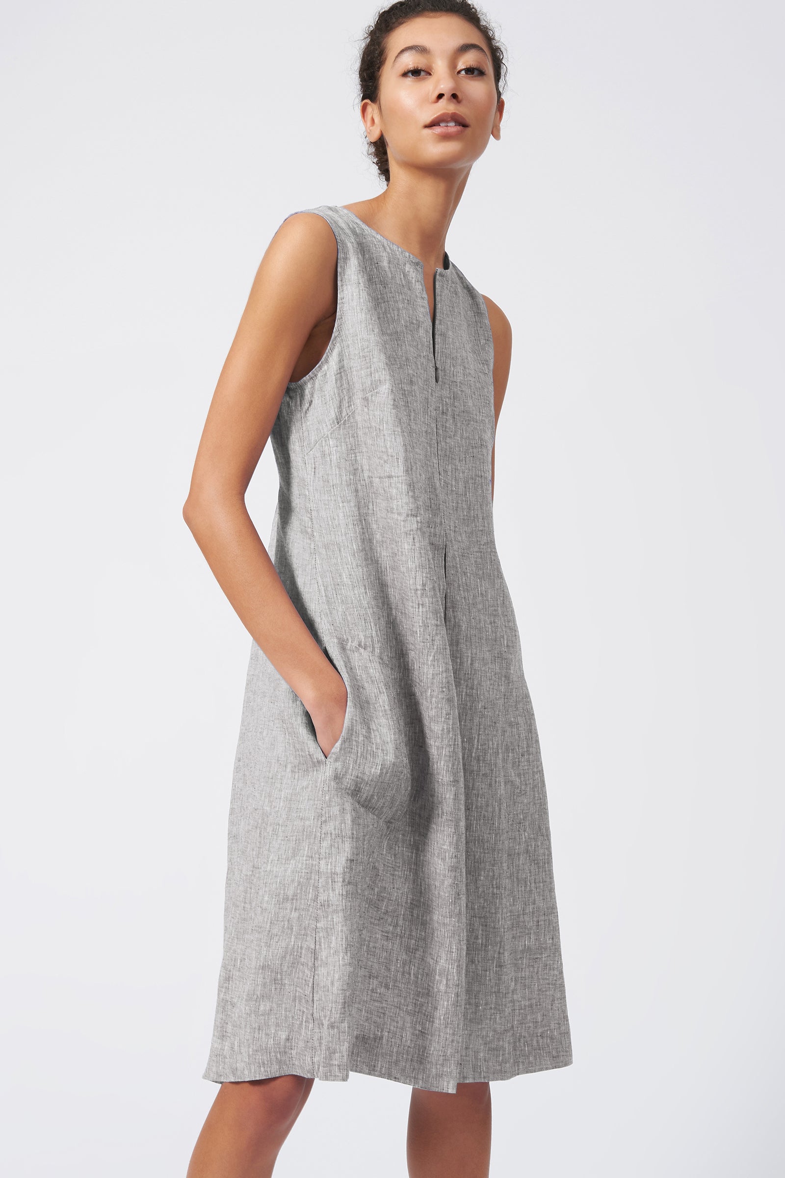 Kal Rieman Pleat Front Zip Dress in Brown Linen on Model Front View