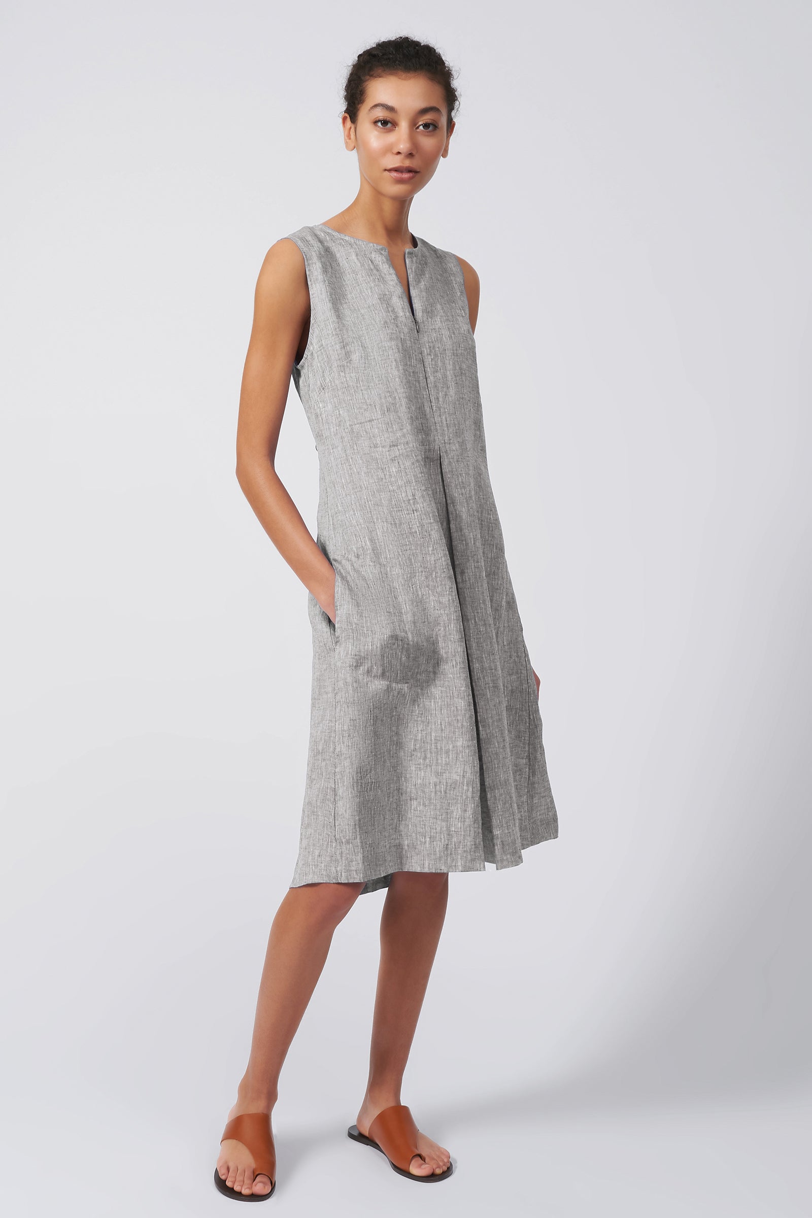 Kal Rieman Pleat Front Zip Dress in Brown Linen on Model Front Full View
