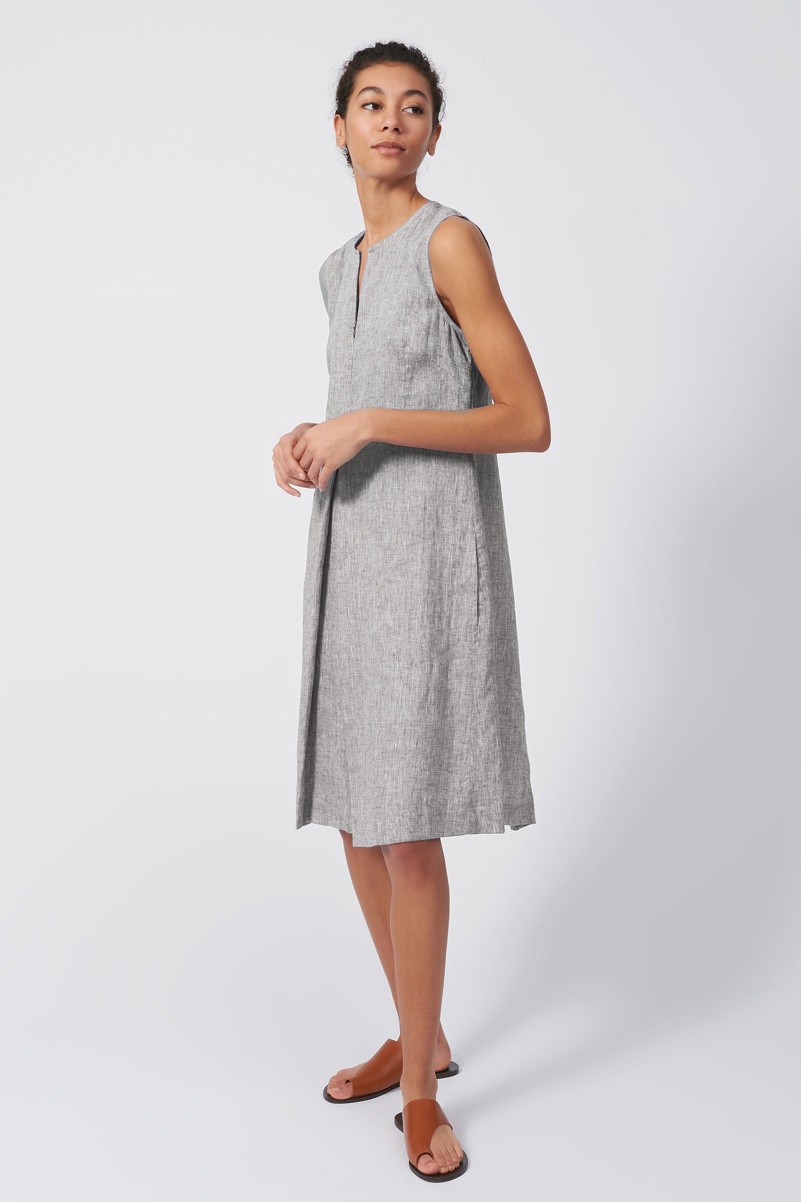 Kal Rieman Pleat Front Zip Dress in Brown Linen on Model Side Full View
