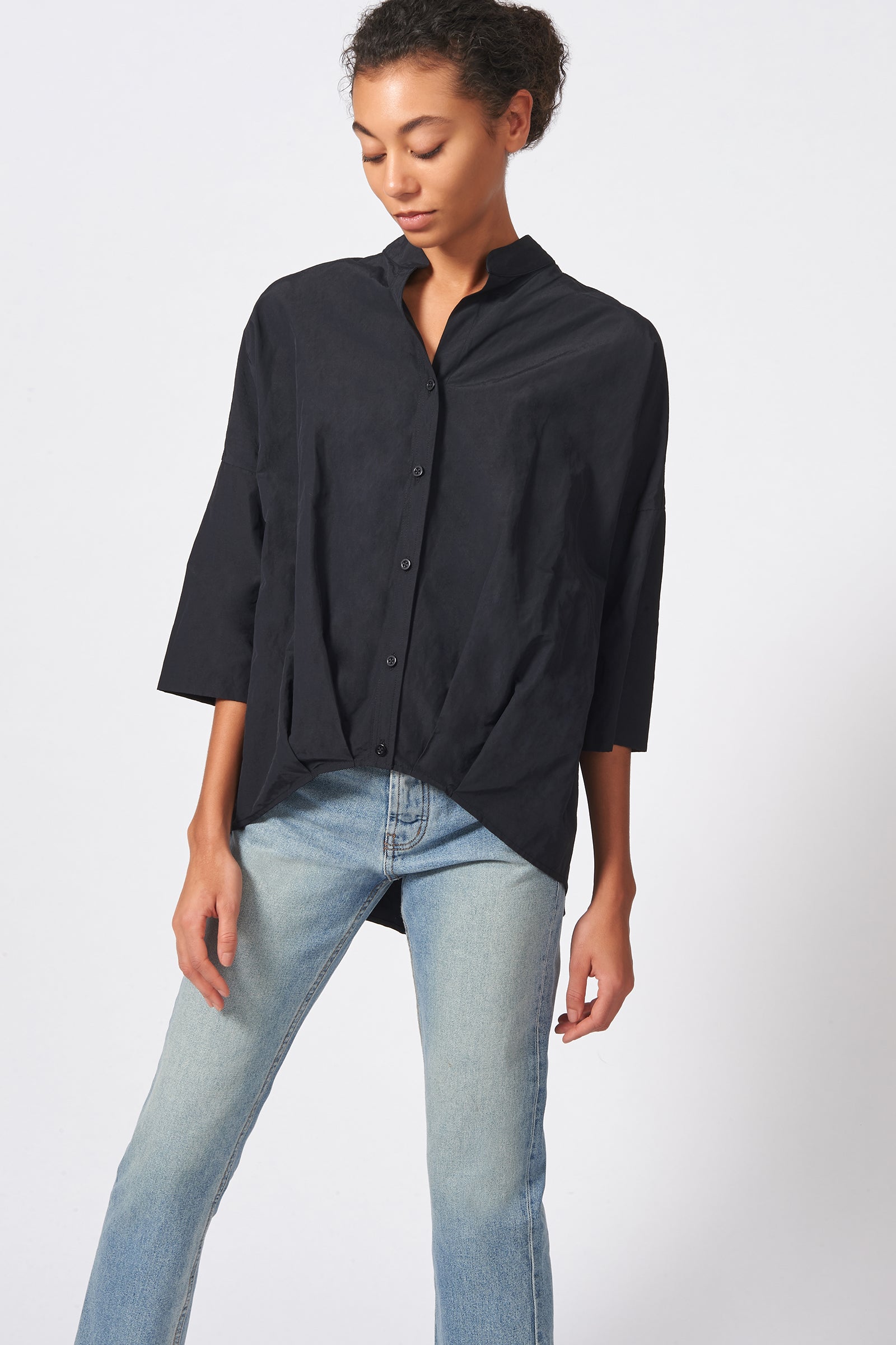 Kal Rieman Pleat Hem Kimono Cotton Nylon in Black on Model Front View