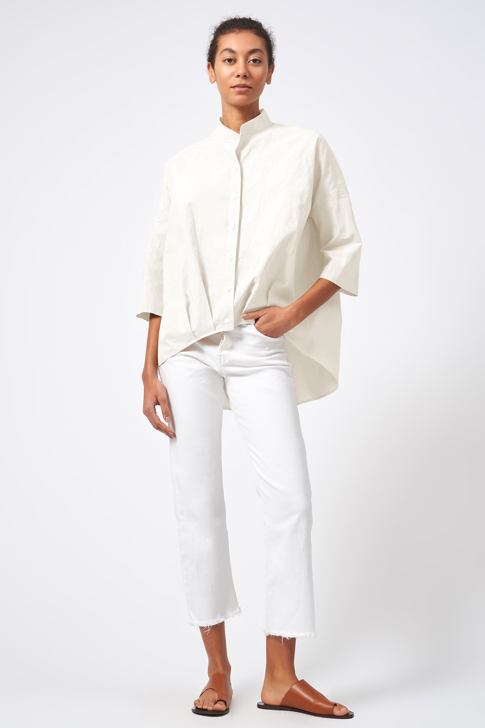 Kal Rieman Pleat Hem Kimono in Ecru Broadcloth on Model Full Front View