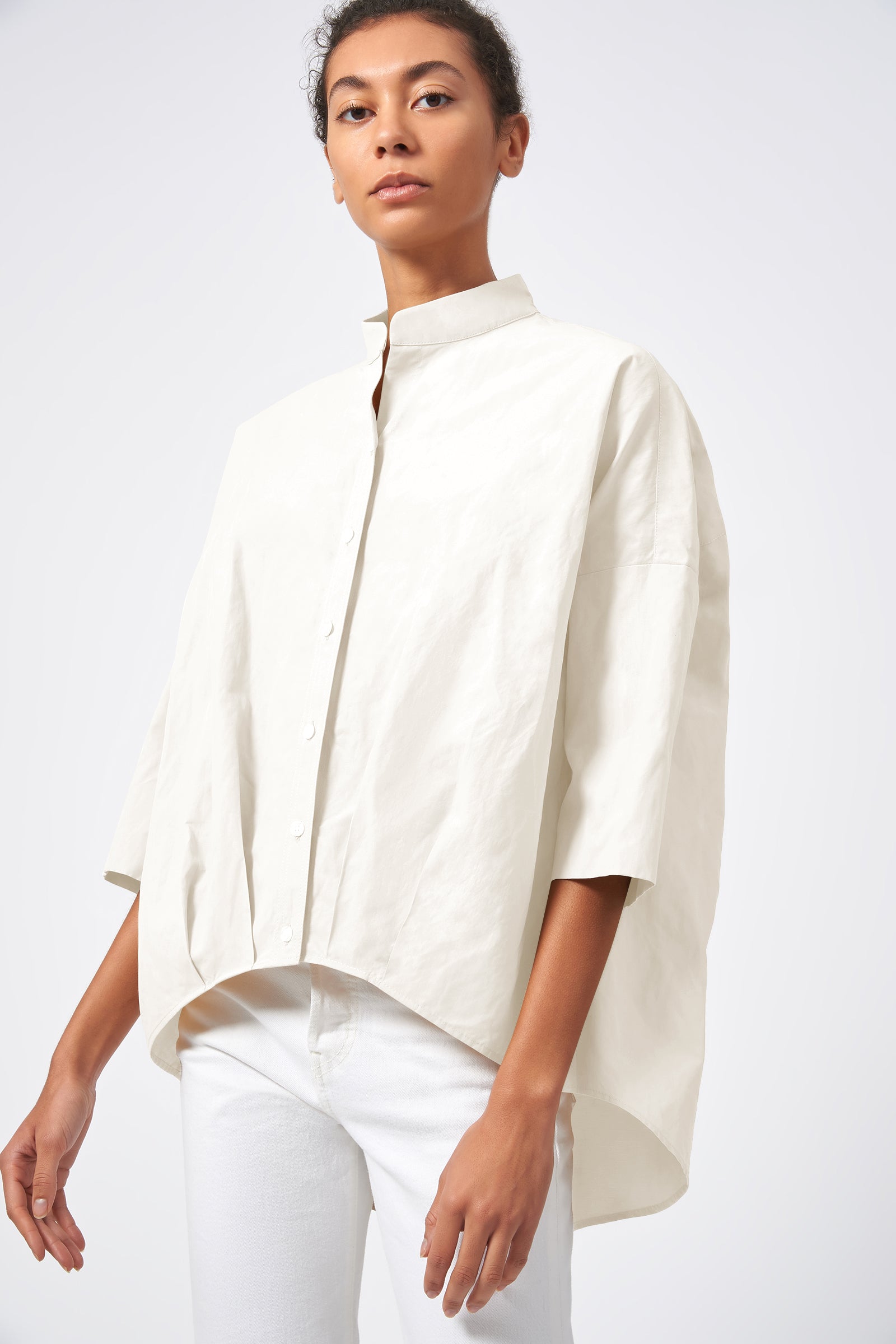 Kal Rieman Pleat Hem Kimono in Ecru Broadcloth on Model Front View Crop 2
