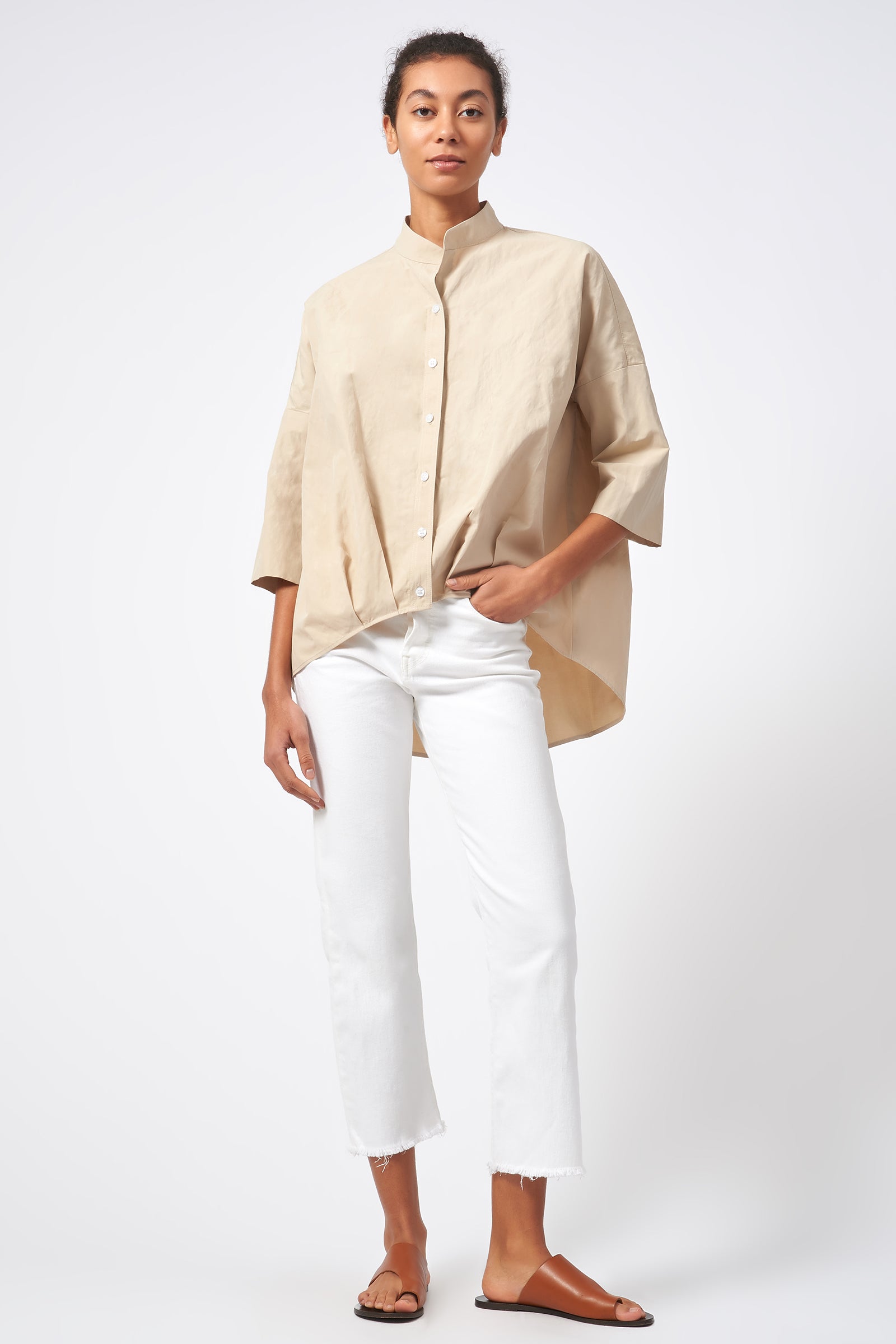 Kal Rieman Pleat Hem Kimono Italian Cotton Nylon Inox Khaki on Model Front View Full