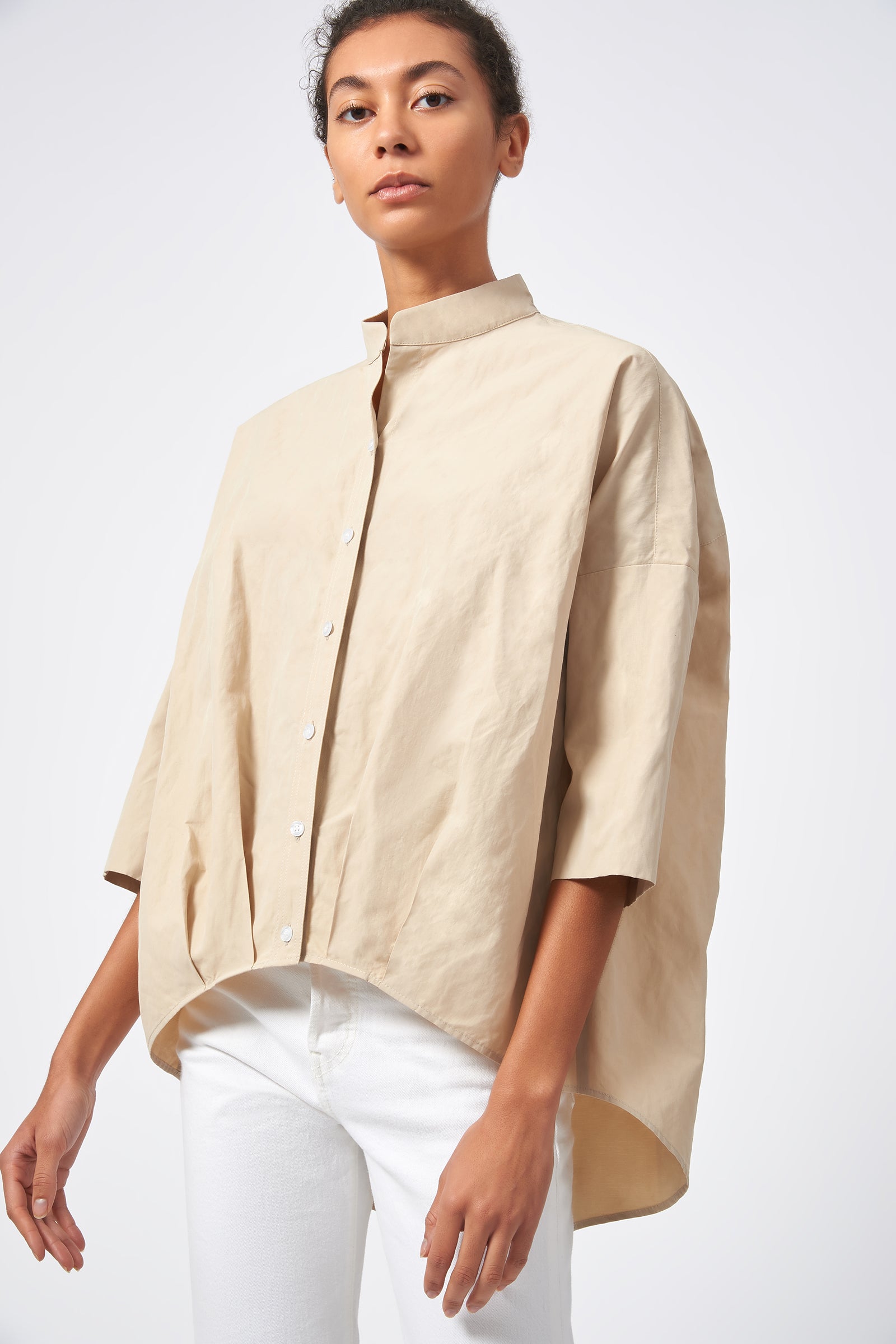 Kal Rieman Pleat Hem Kimono Italian Cotton Nylon Inox Khaki on Model Front View 2