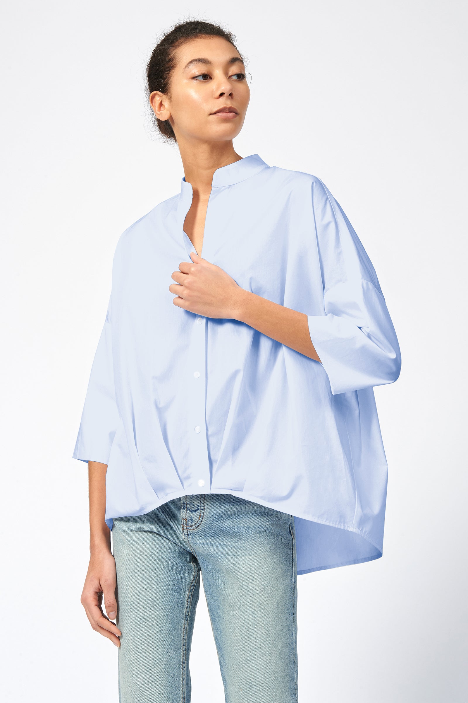 Kal Rieman Pleat Hem Kimono in Blue Poplin on Model Front View