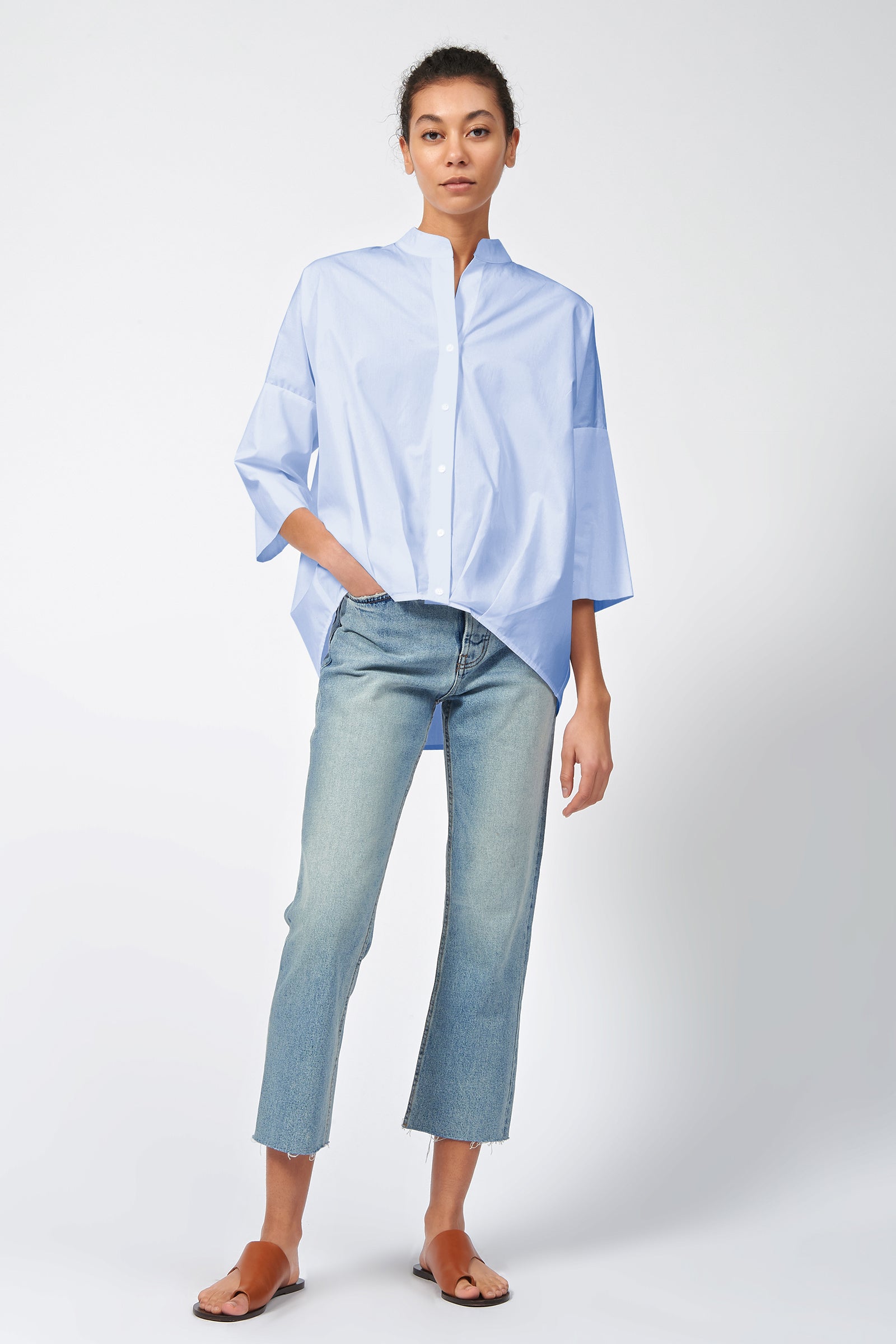 Kal Rieman Pleat Hem Kimono in Blue Poplin on Model Front View