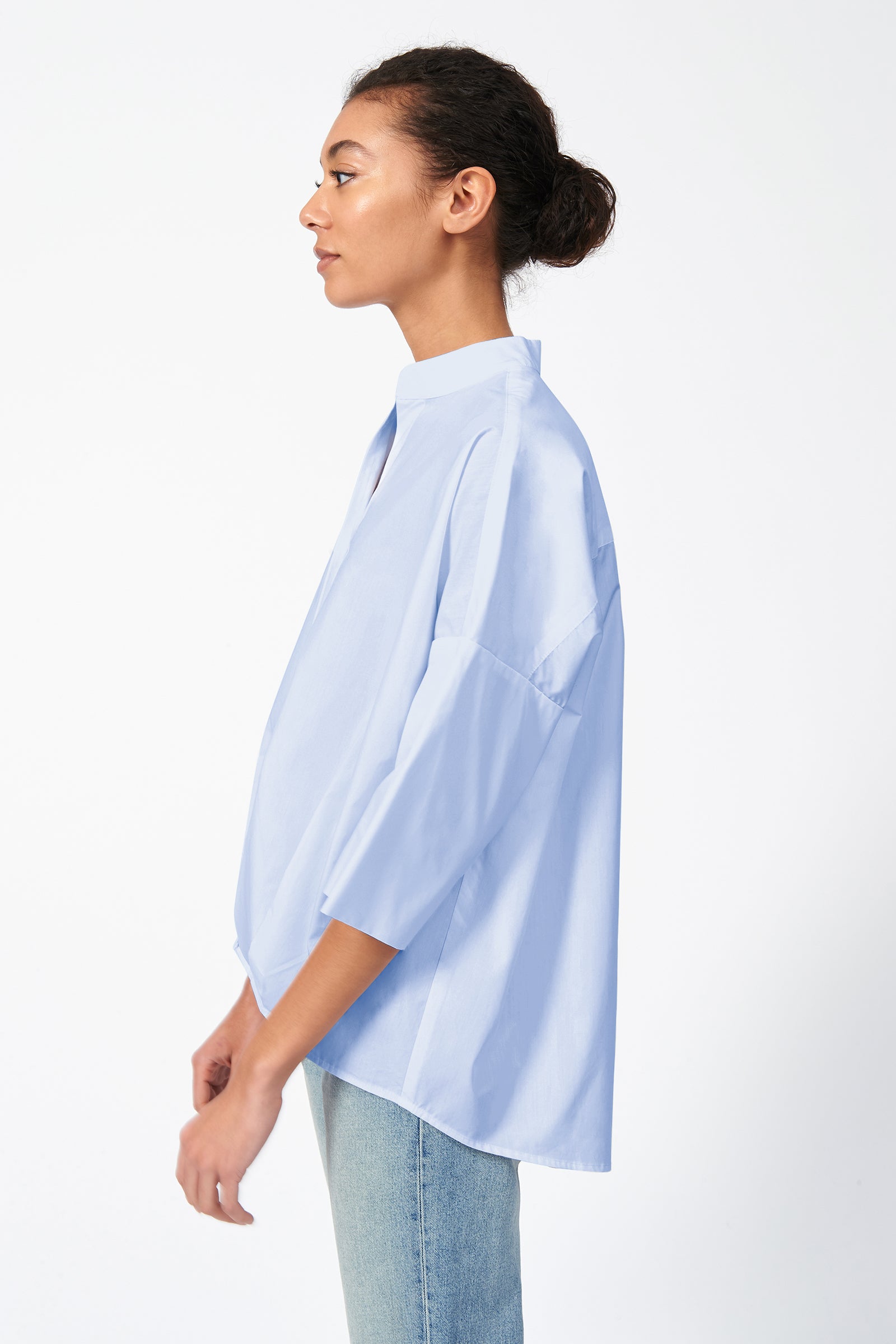 Kal Rieman Pleat Hem Kimono in Blue Poplin on Model Front View