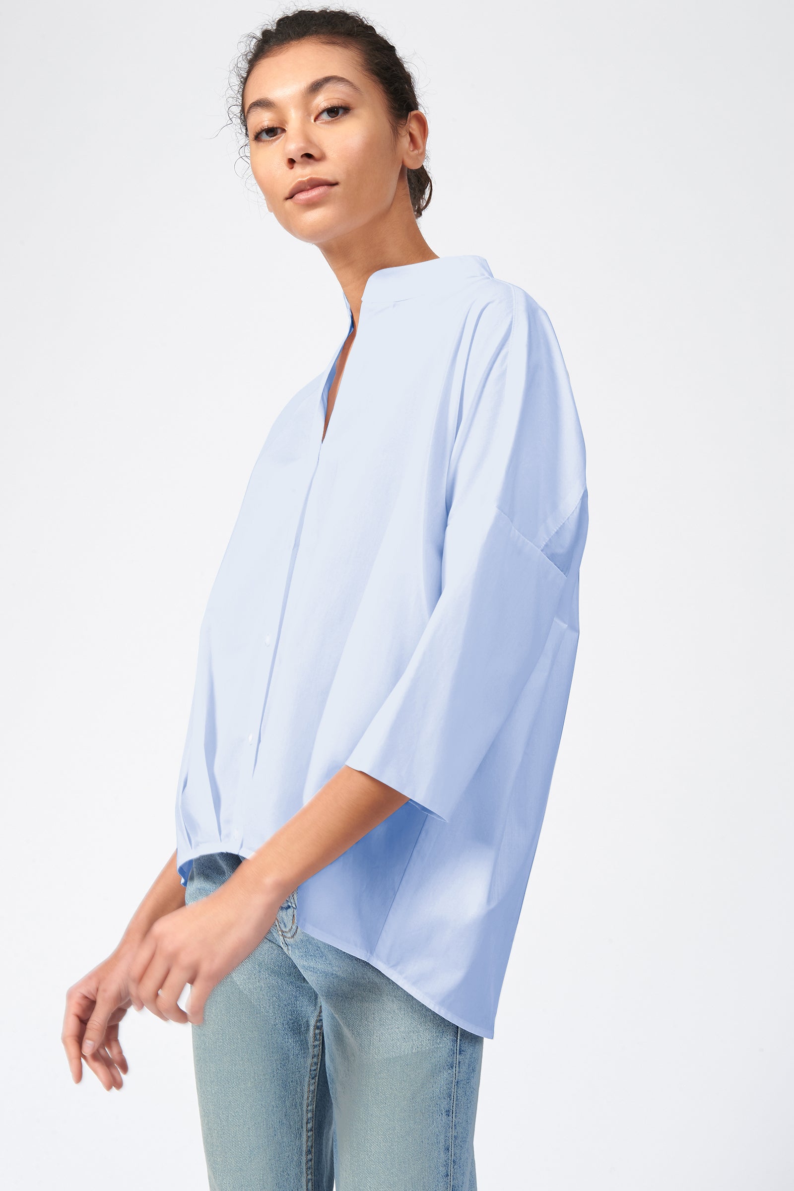 Kal Rieman Pleat Hem Kimono in Blue Poplin on Model Front View