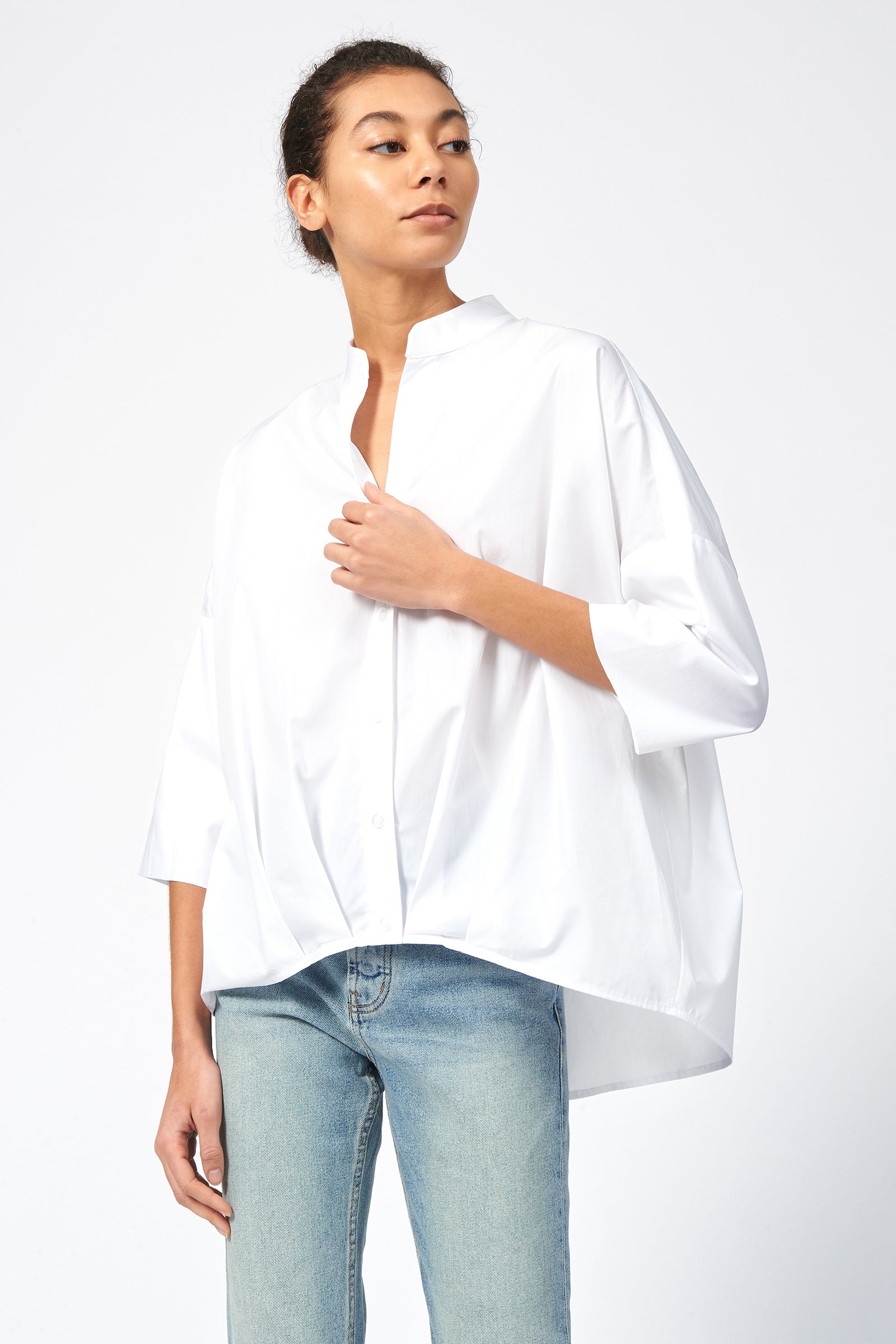 Kal Rieman Pleat Hem Kimono in White Poplin on Model Front View