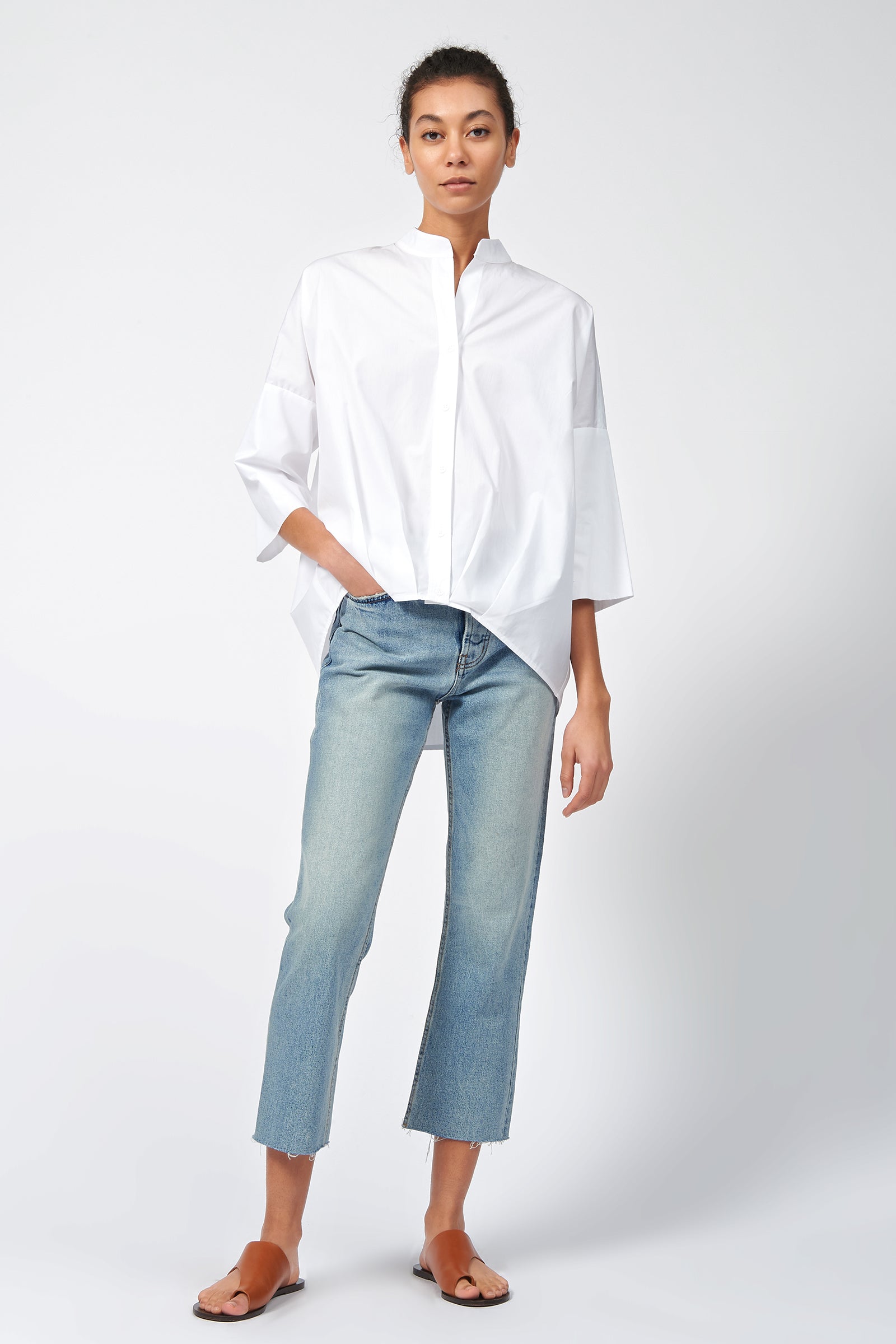 Kal Rieman Pleat Hem Kimono in White Poplin on Model Front Full View