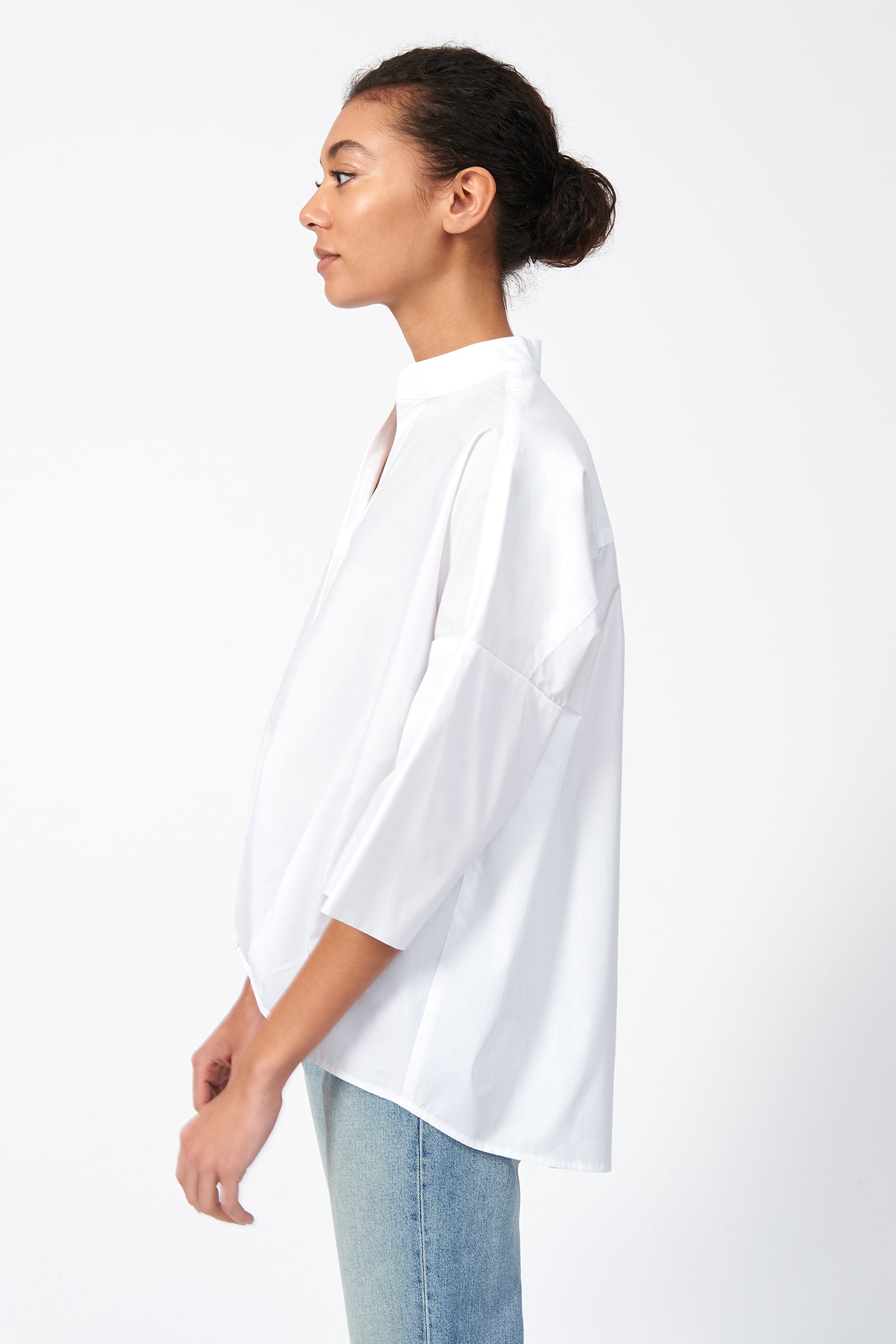Kal Rieman Pleat Hem Kimono in White Poplin on Model Side View