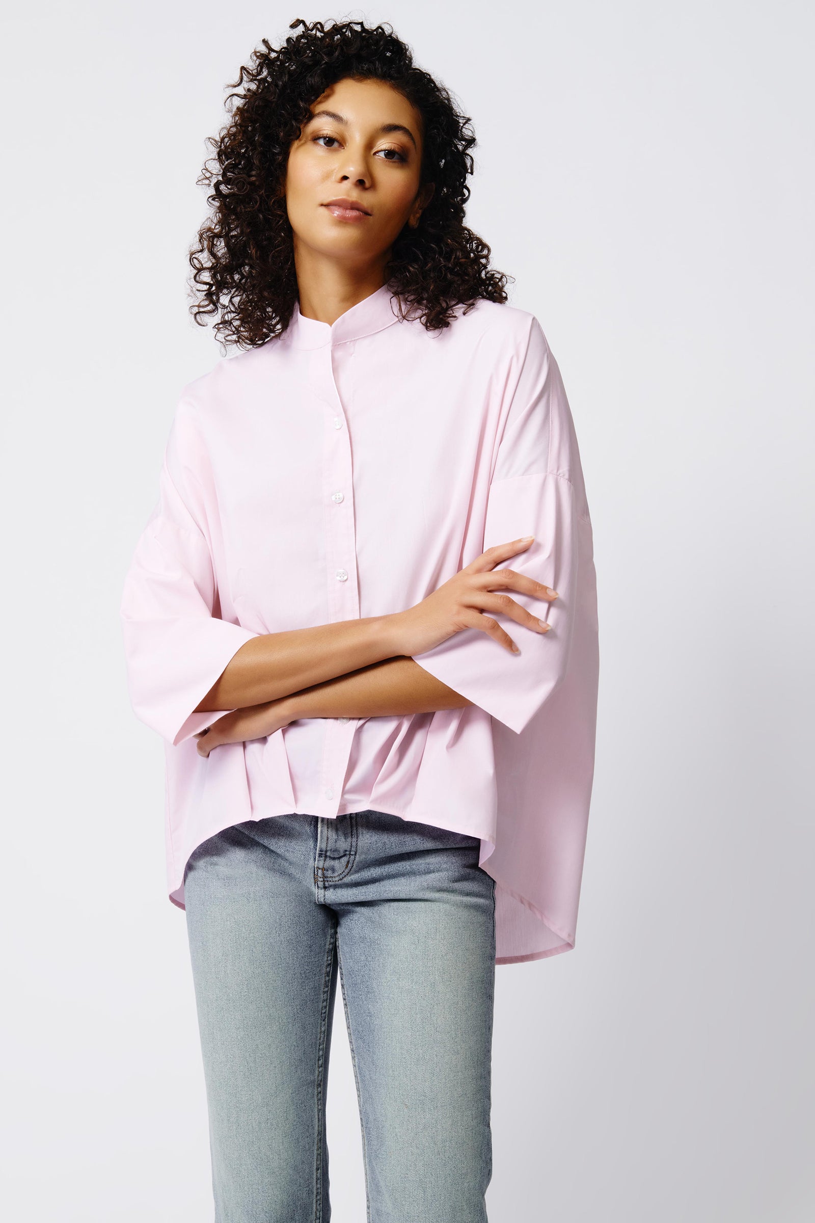 Kal Rieman Pleat Hem Kimono in Pink Poplin on Model Front View