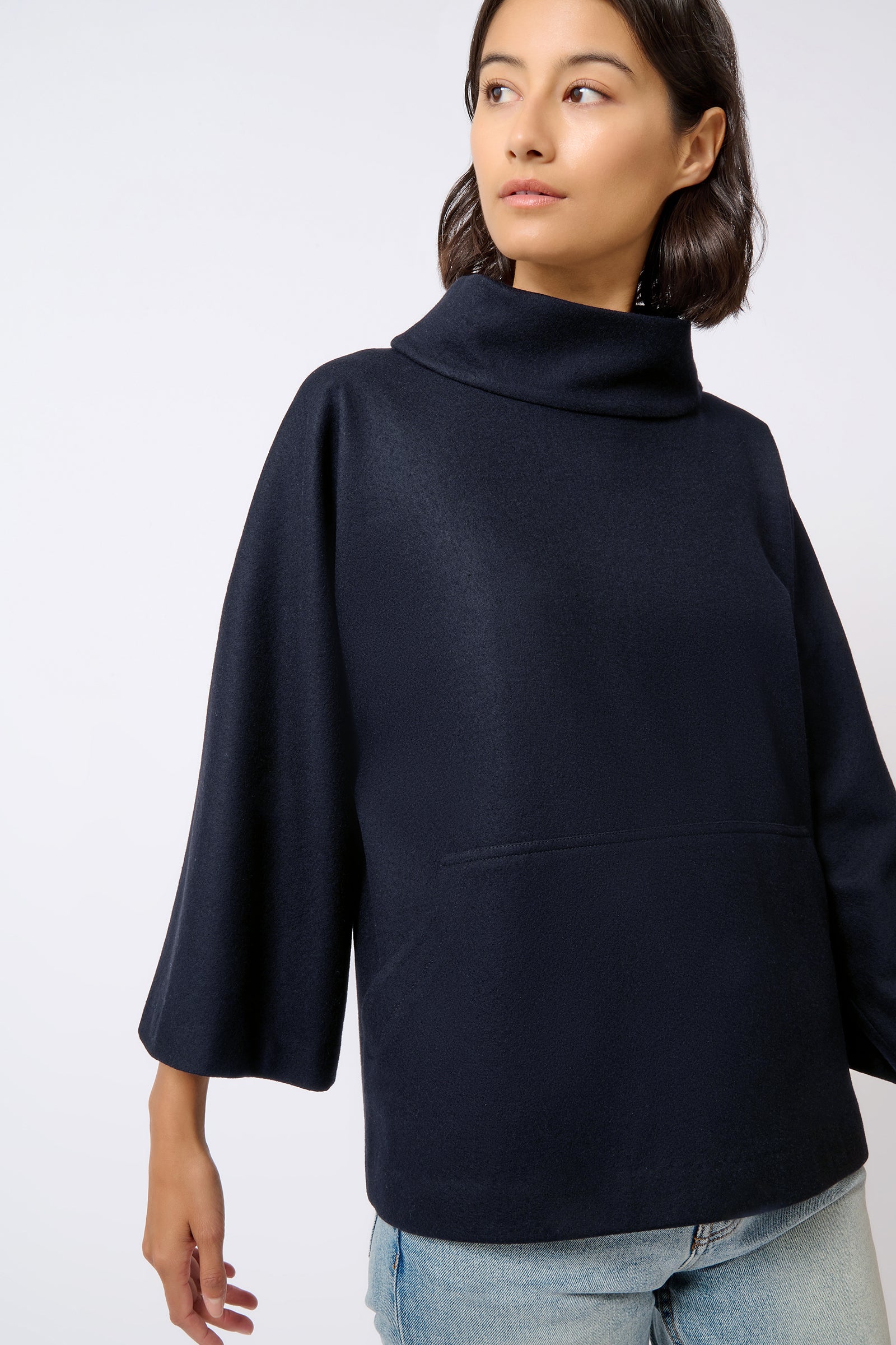 Kal Rieman Pocket Kimono in Midnight Felted Jersey on Model Front Crop View