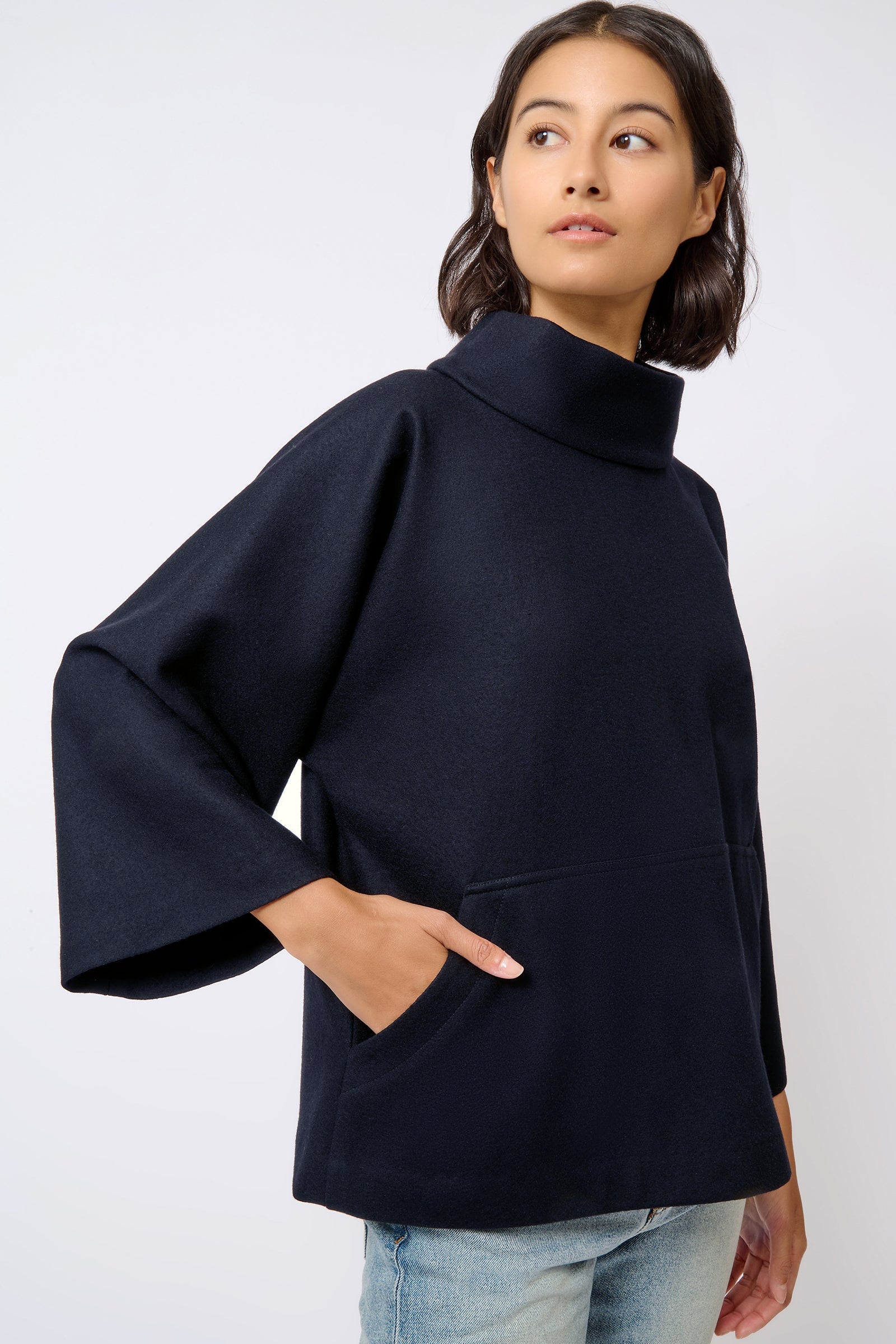 Kal Rieman Pocket Kimono in Midnight Felted Jersey on Model Front Crop View