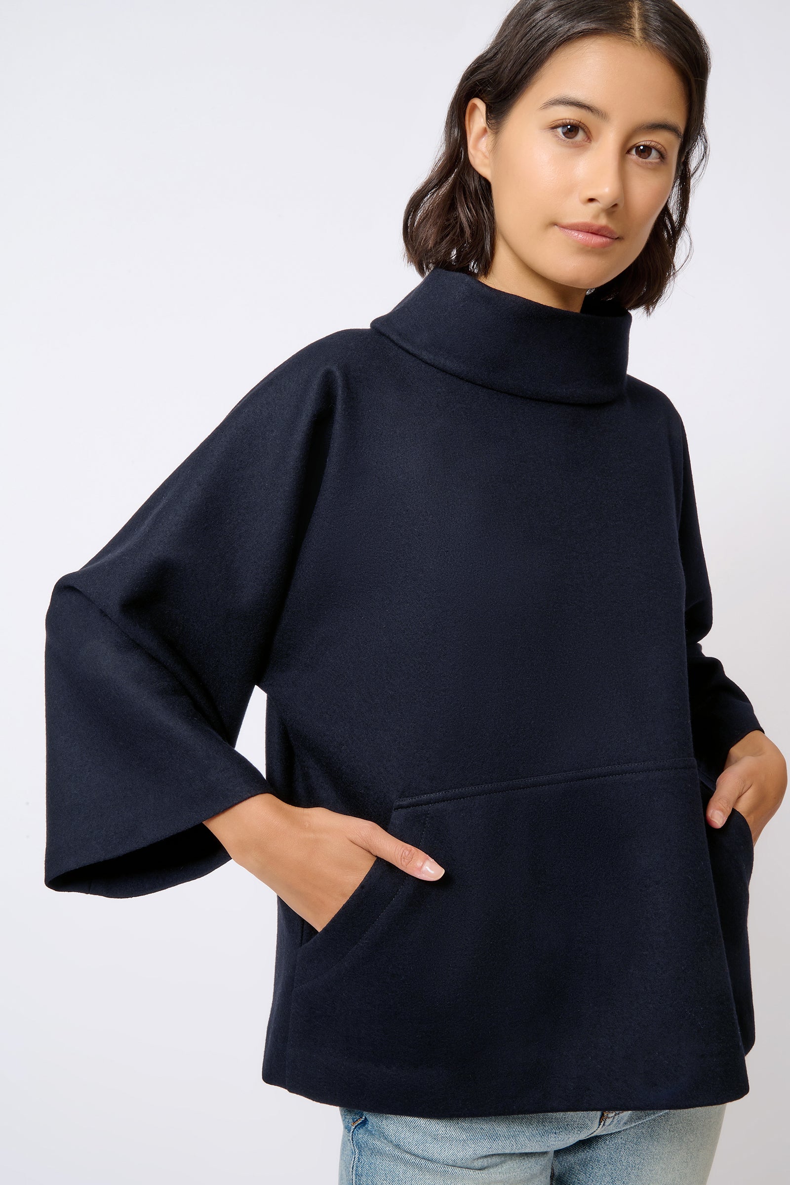 Kal Rieman Pocket Kimono in Midnight Felted Jersey on Model Front Crop View
