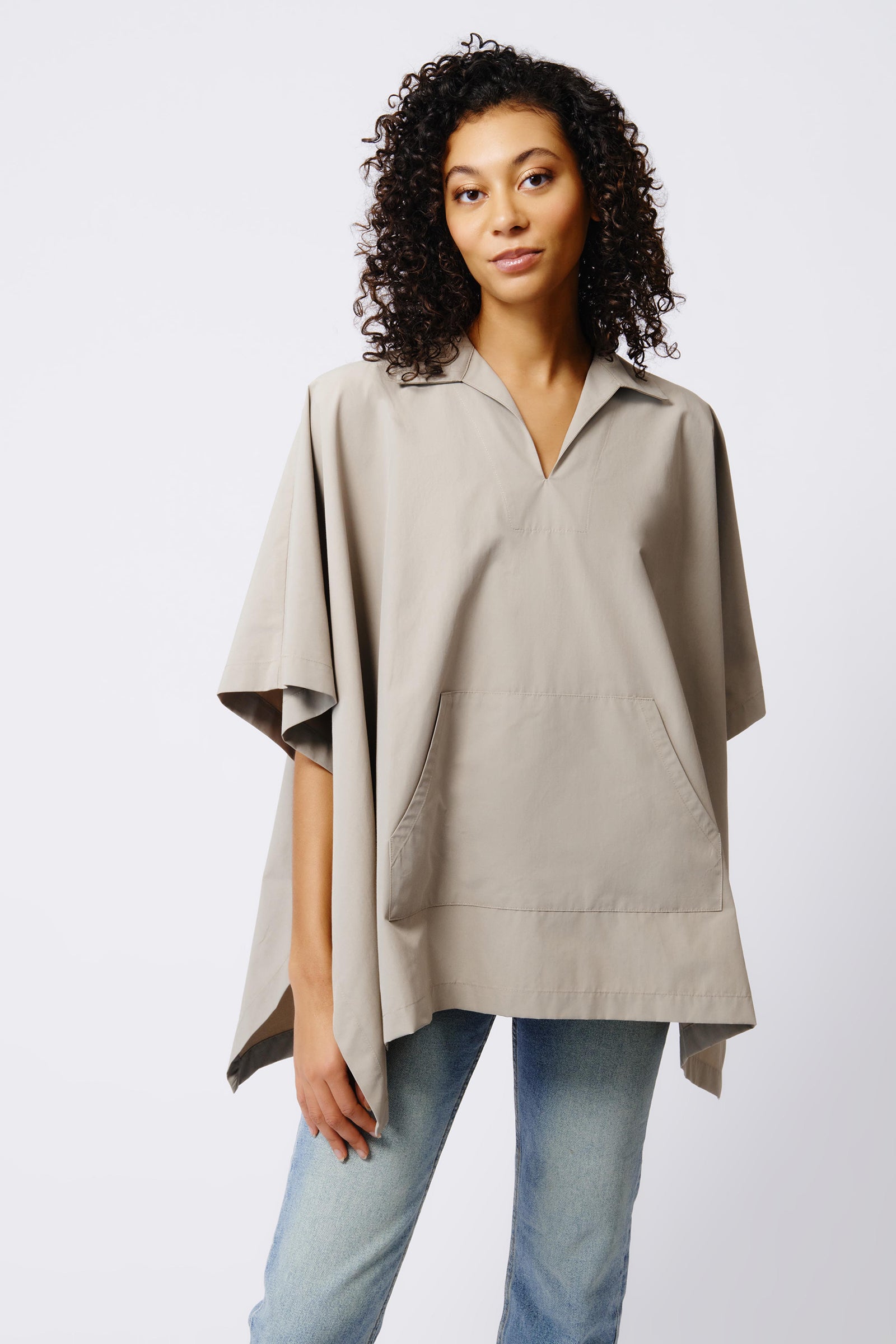 Kal Rieman Gene Pocket Poncho in Military Khaki on Model Front View Crop