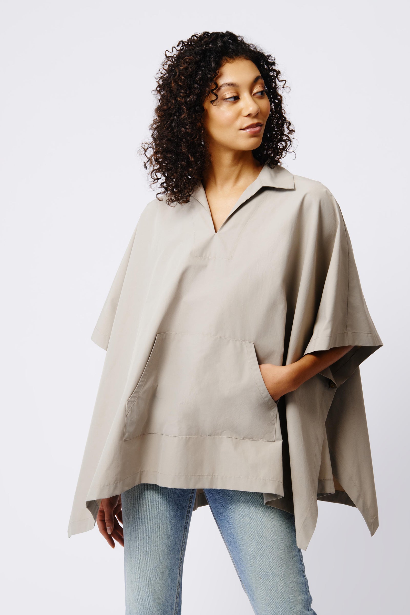 Kal Rieman Gene Pocket Poncho in Military Khaki on Model Front View Crop 2