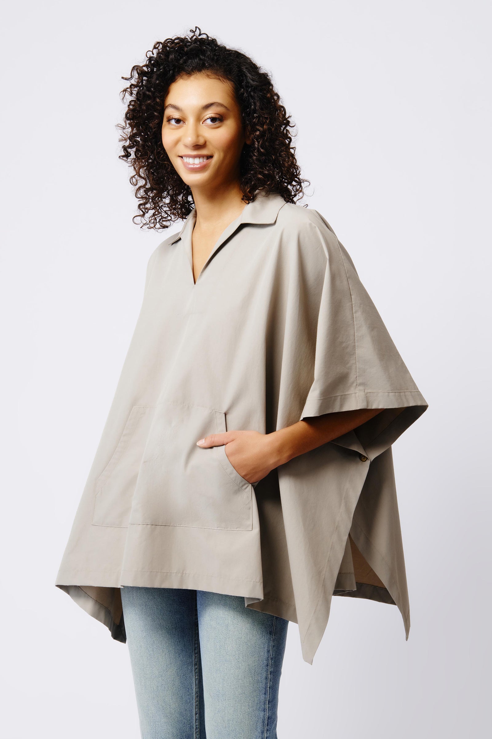 Kal Rieman Gene Pocket Poncho in Military Khaki on Model Front View Crop 3