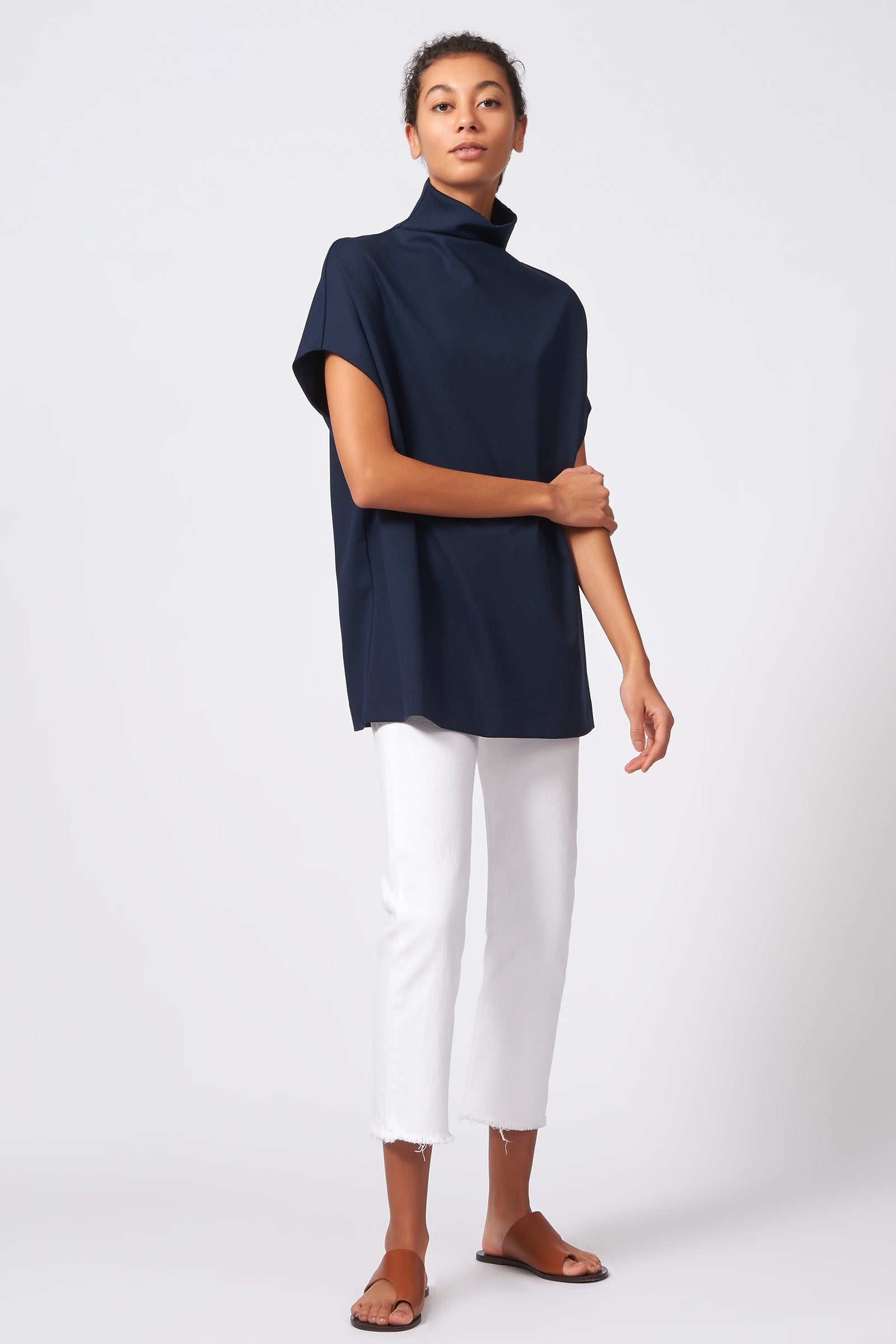 Kal Rieman Ponte Funnelneck in Navy on Model Front Full View